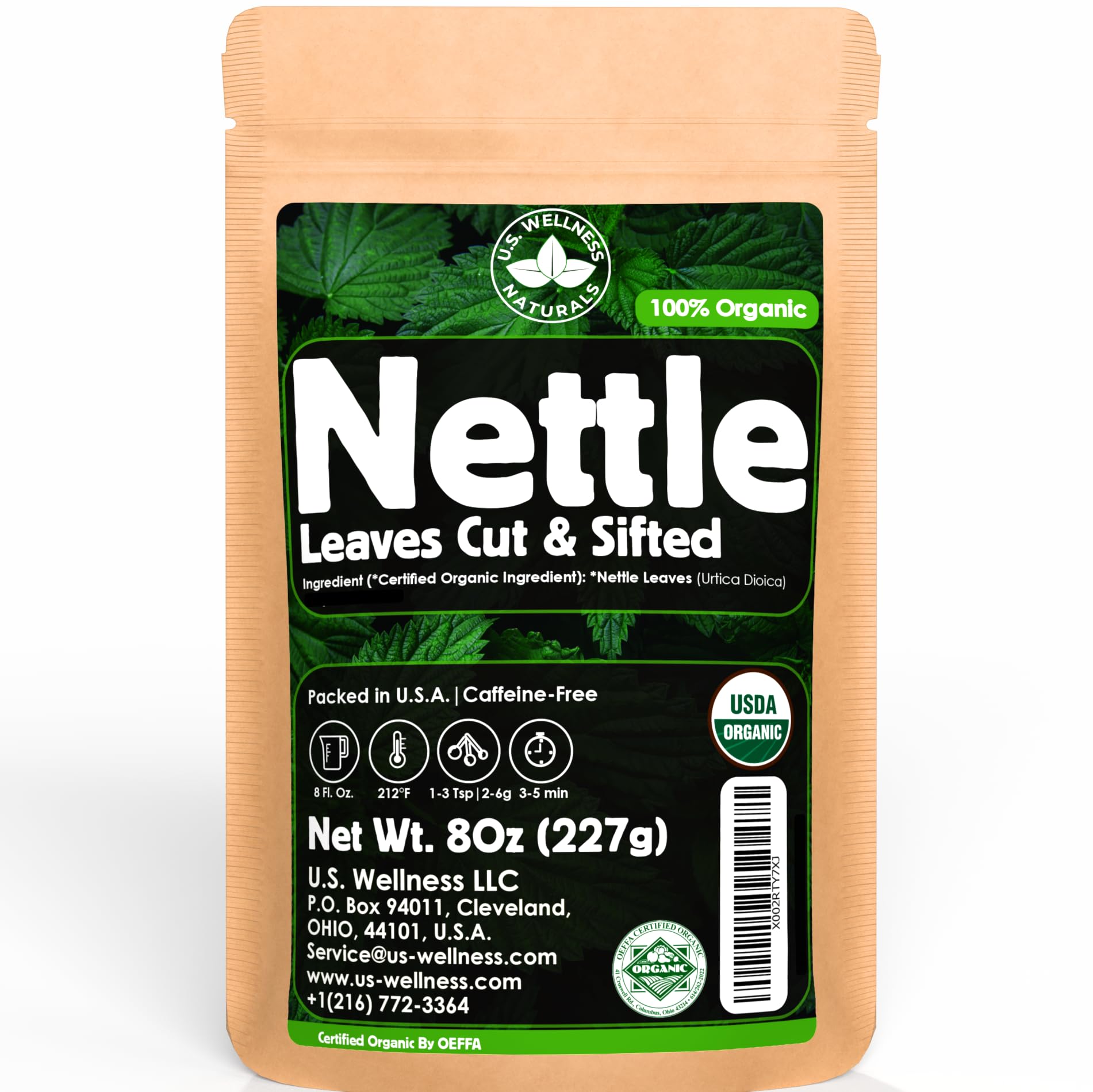 Té de ortiga U.S. Wellness Naturals, hojas sueltas para infusiones suaves.