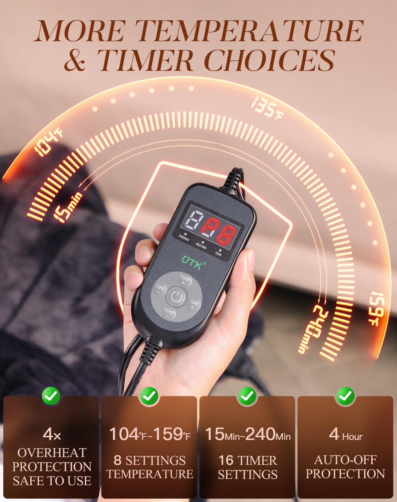 UTK controlador con 8 niveles de calor para personalizar la experiencia.