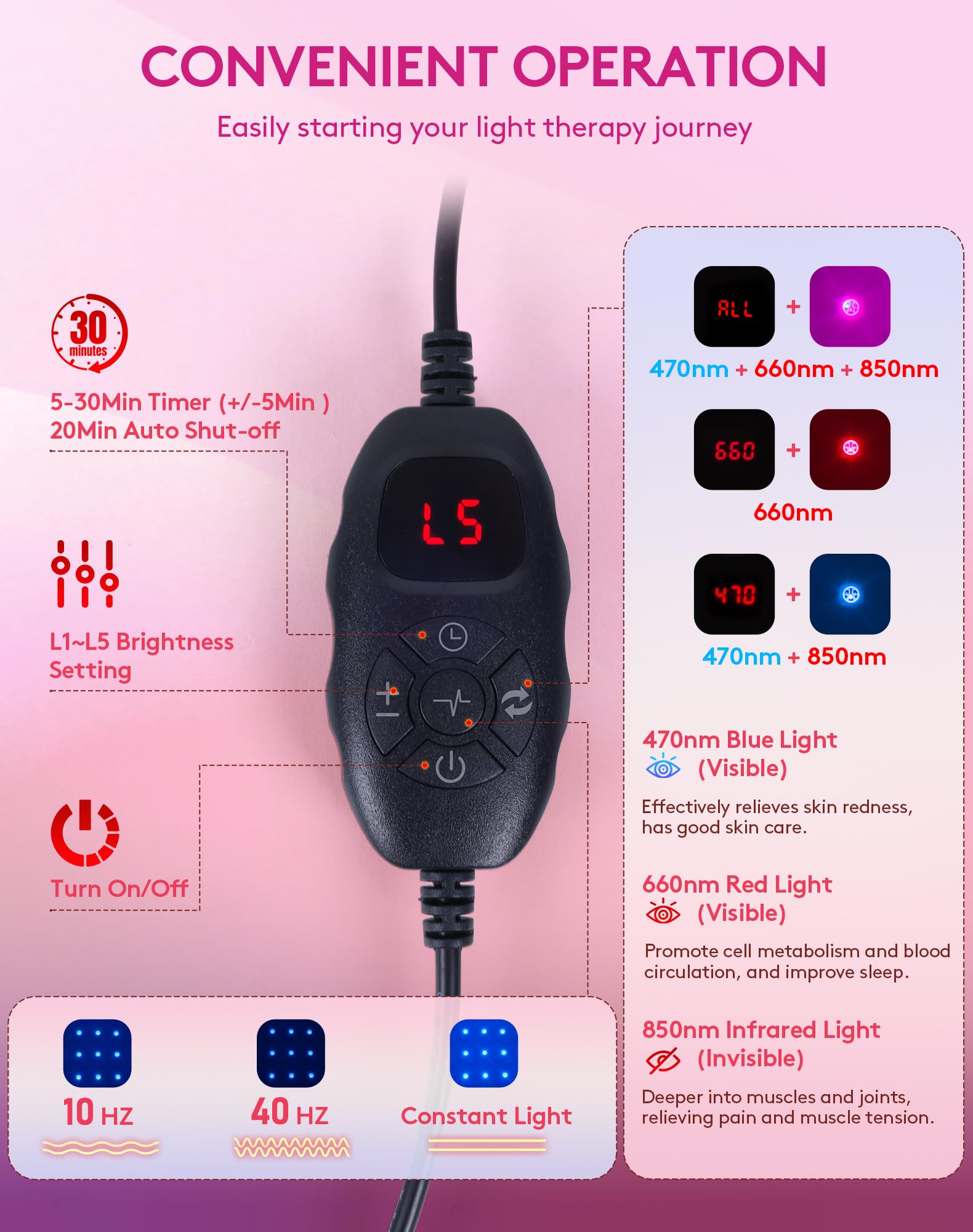 UTK terapia pad, panel de controles para elegir brillo y modos.
