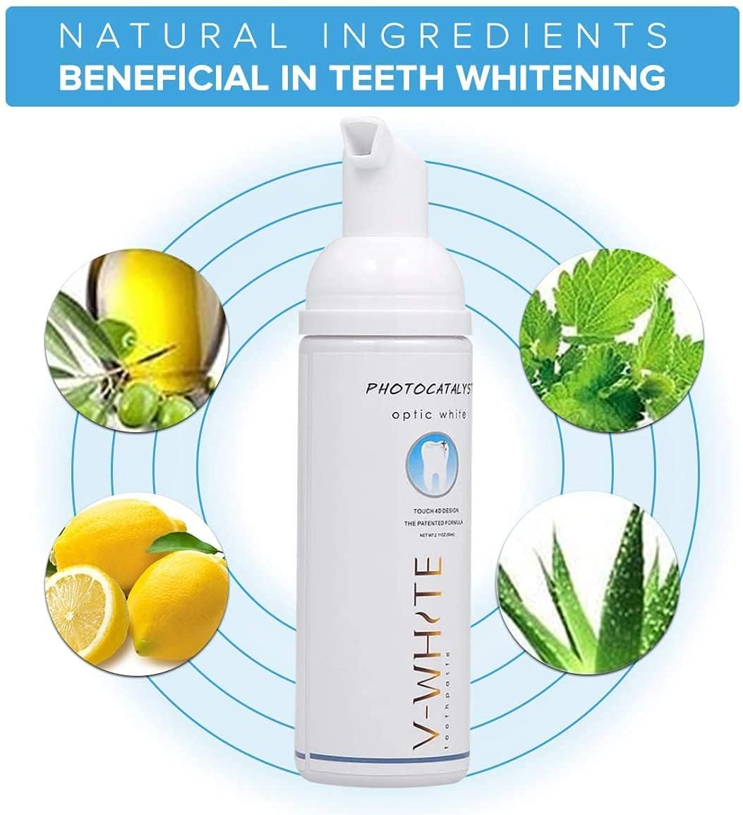 Ingredientes naturales de V-White para cuidado bucal suave.