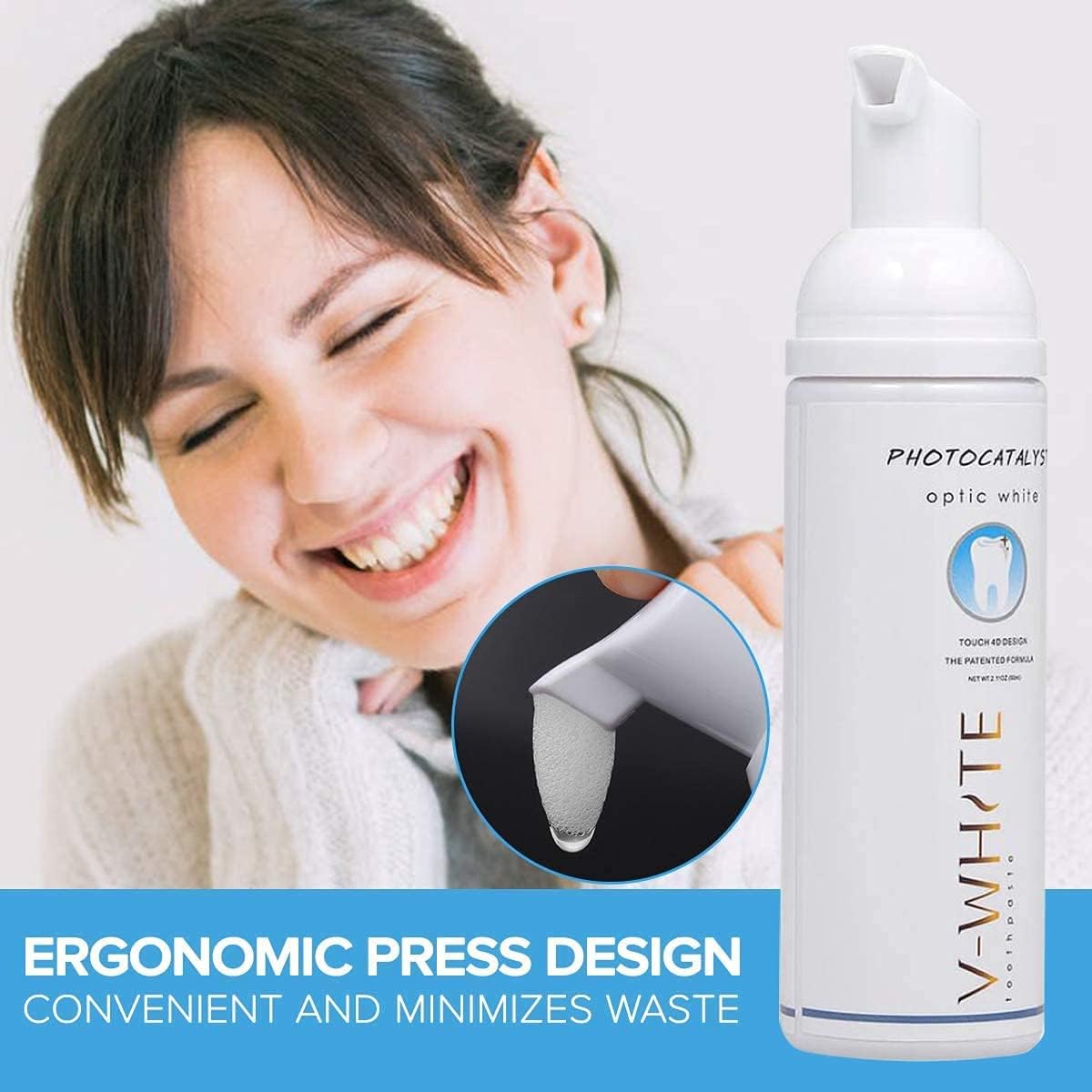 Pasta V-White con pH balanceado para higiene equilibrada.