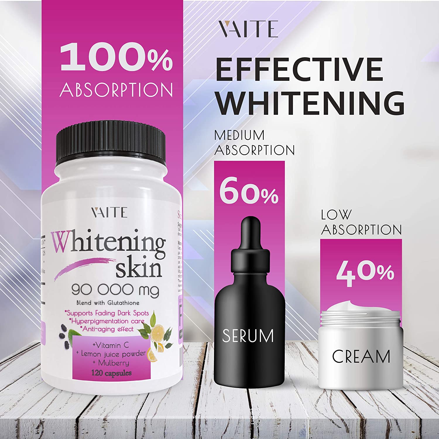 Frasco VAITE con glutatión para uso diario en belleza.