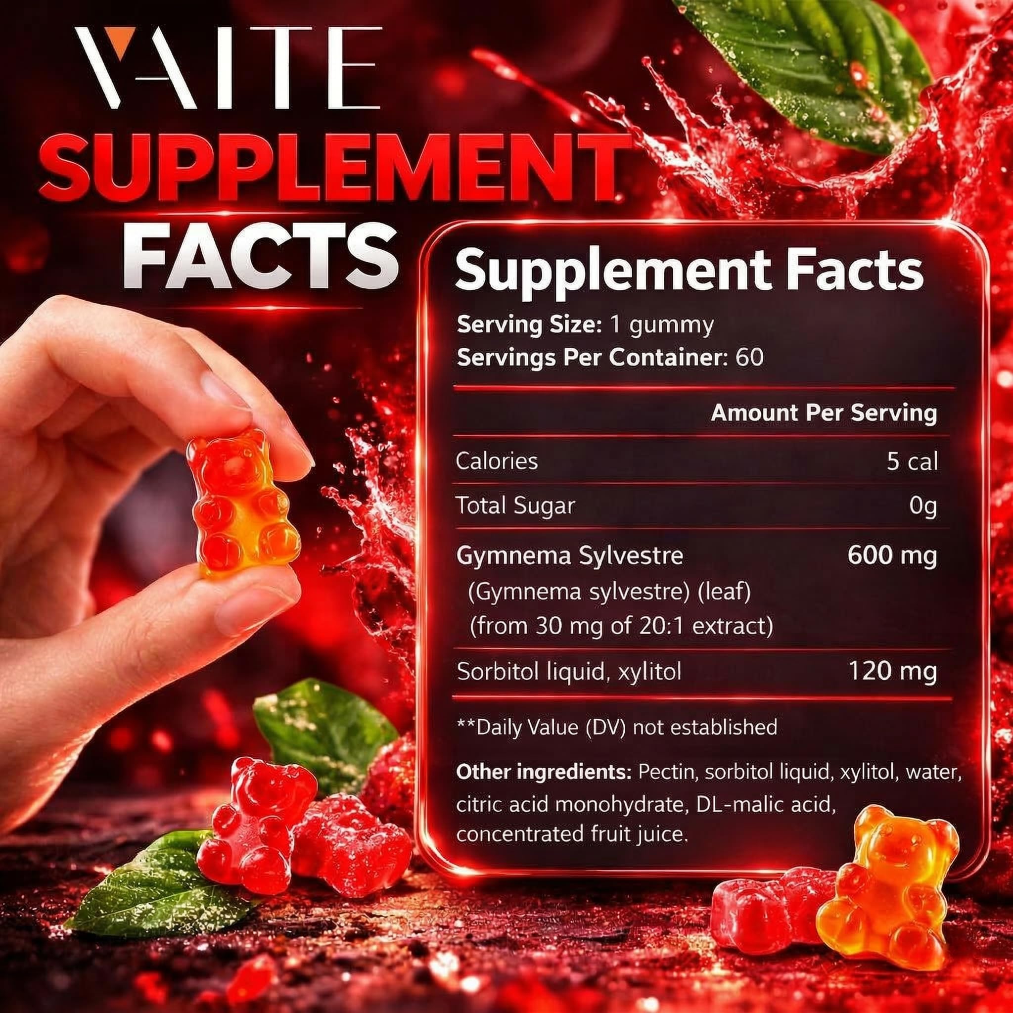VAITE Gymnema Sylvestre gomitas: ingredientes vegetales en la etiqueta.