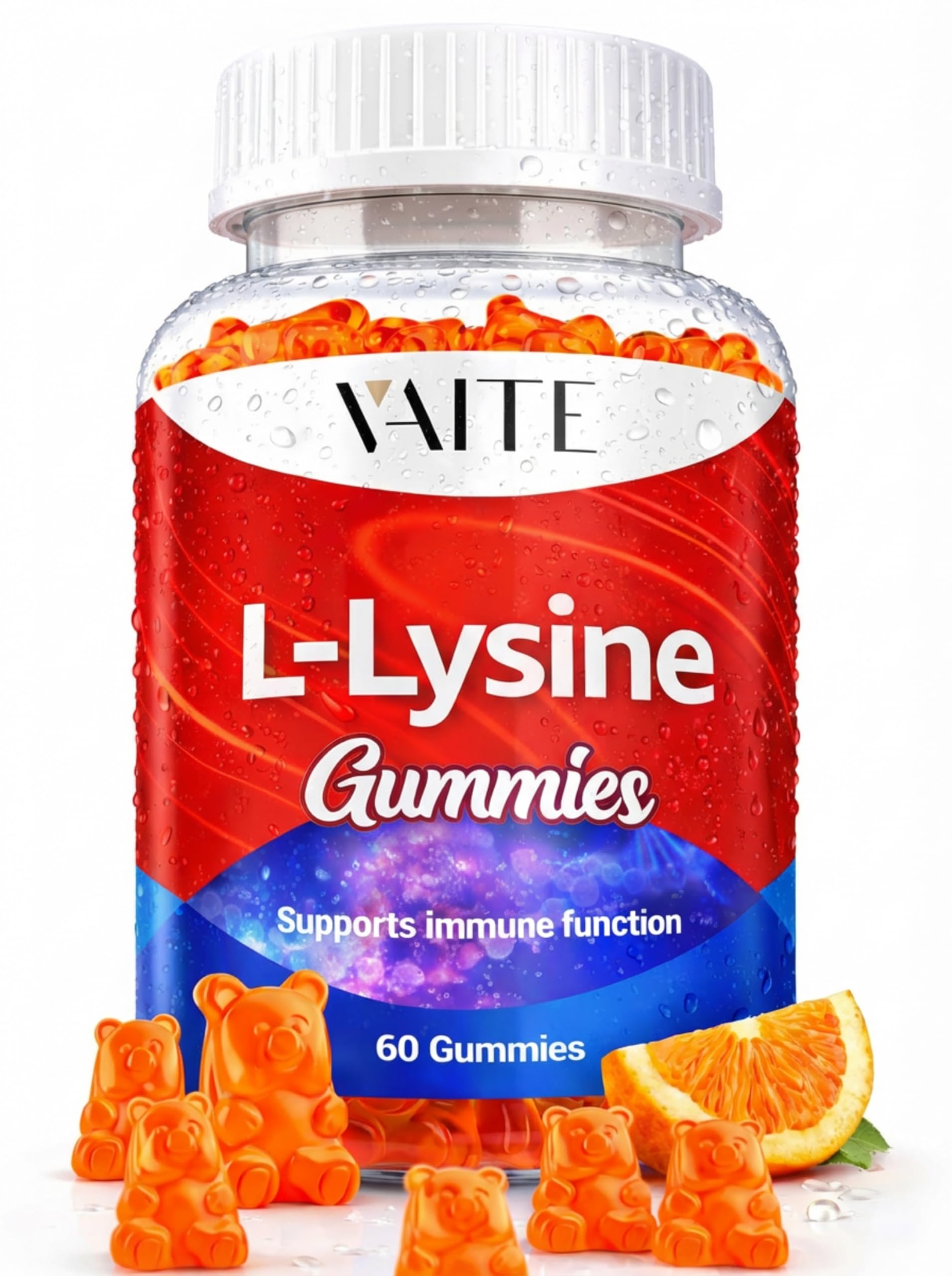 VAITE L-Lisina 1000 mg Gummies, botella frontal, posible apoyo a la salud de piel y labios.