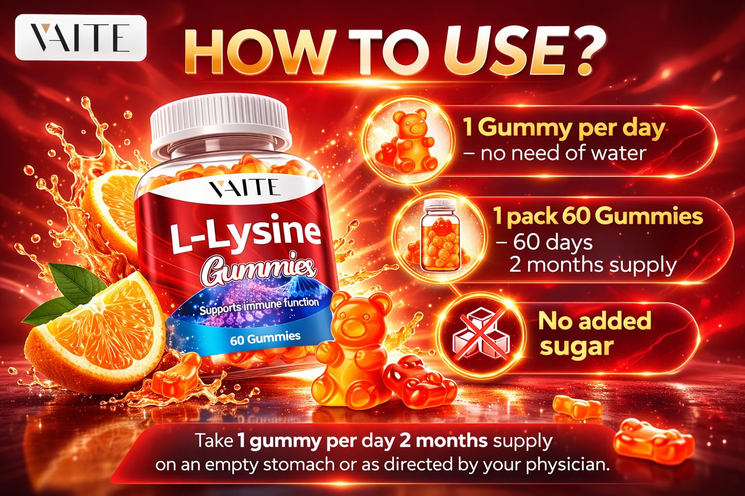 VAITE L-Lisina 1000 mg Gummies, caja abierta mostrando consistencia suave.