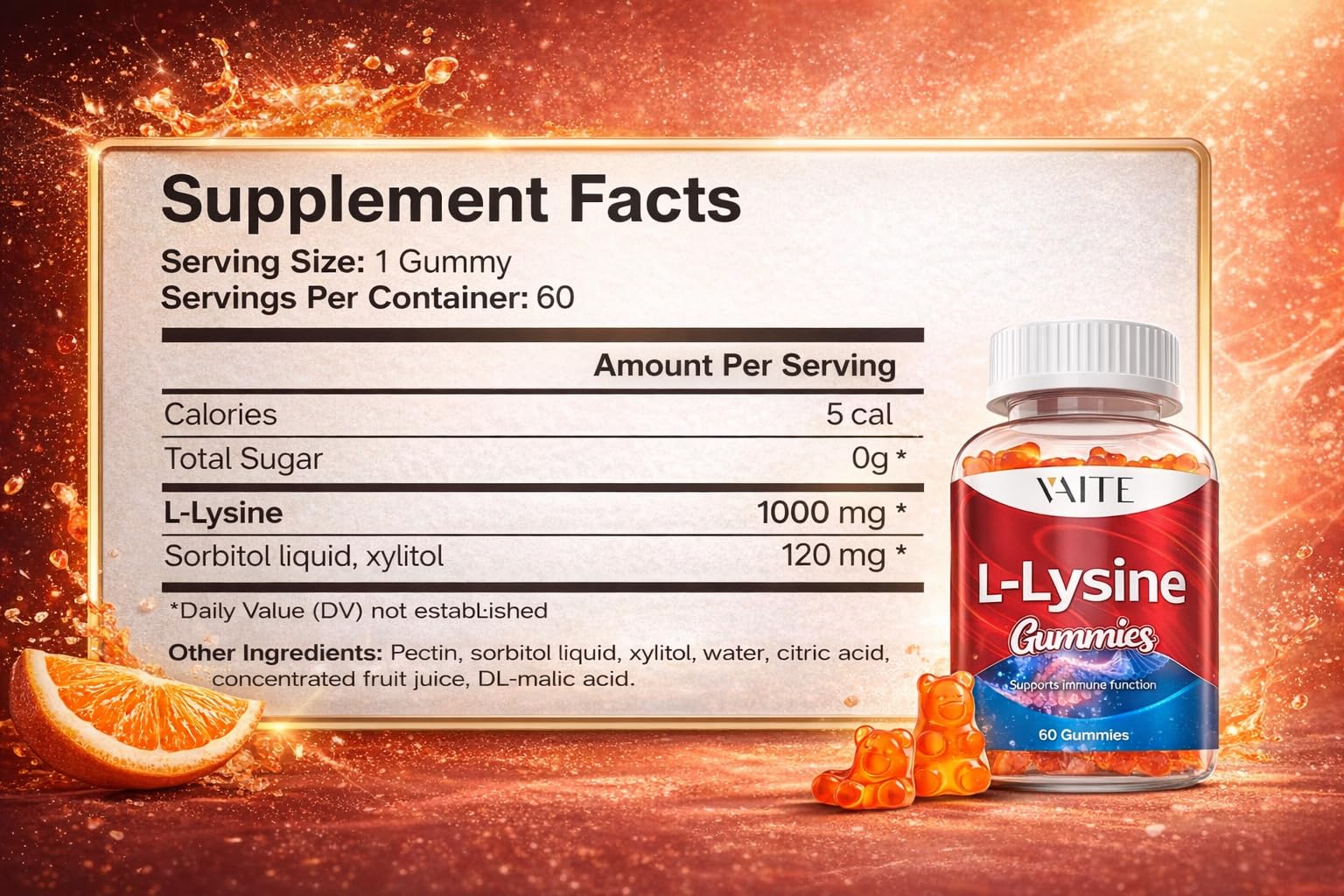 VAITE L-Lisina 1000 mg Gummies, etiqueta visible con información clave para la compra.