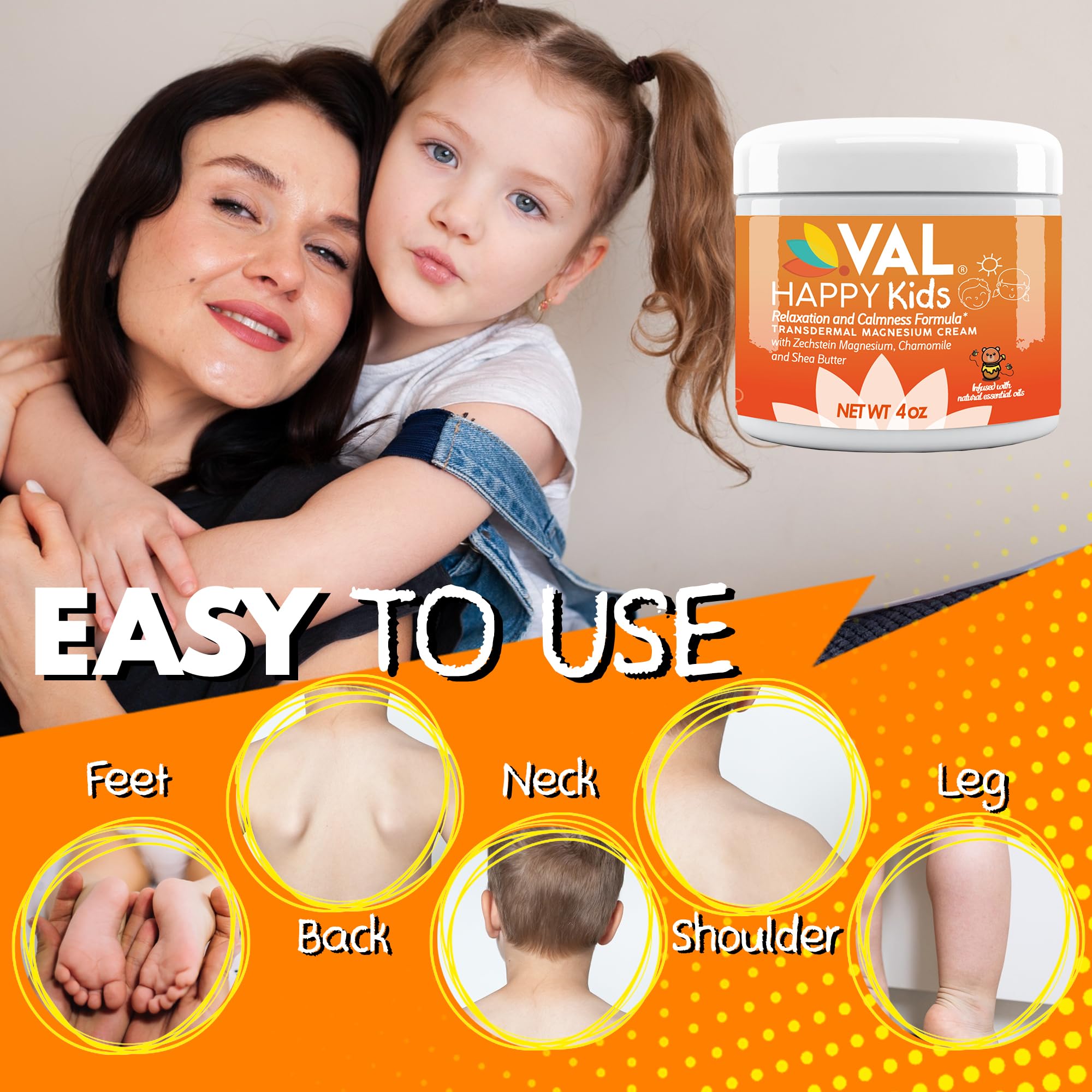 VAL Crema de Magnesio para Niños, aplicación en brazo para promover relajación suave.