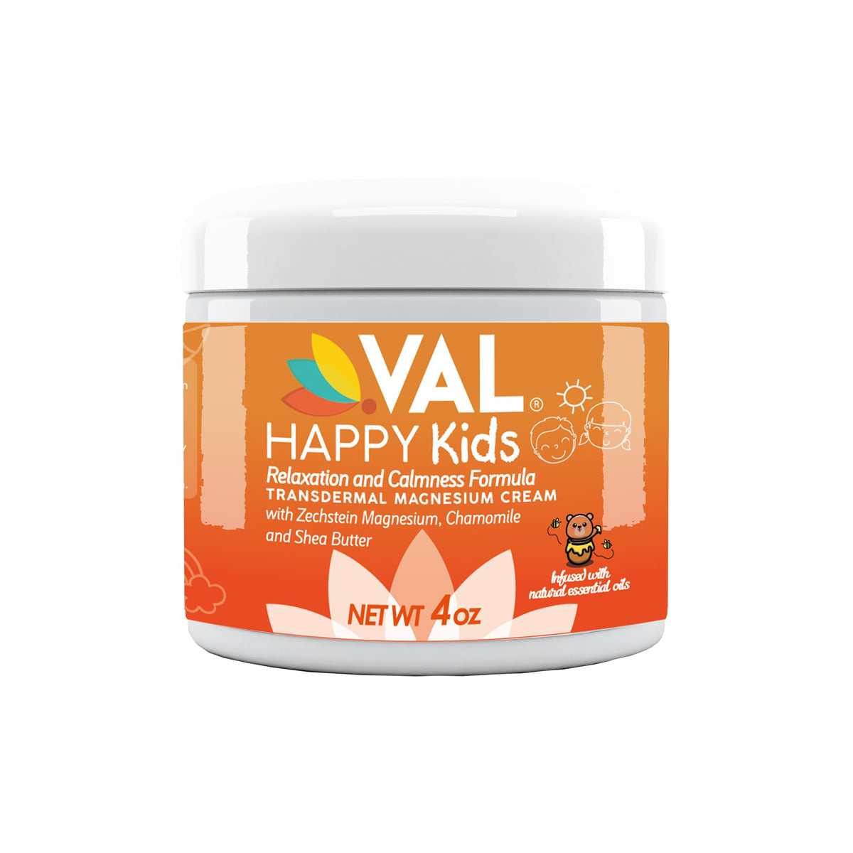VAL Crema de Magnesio para Niños, botella con etiqueta, ideal para uso diario.