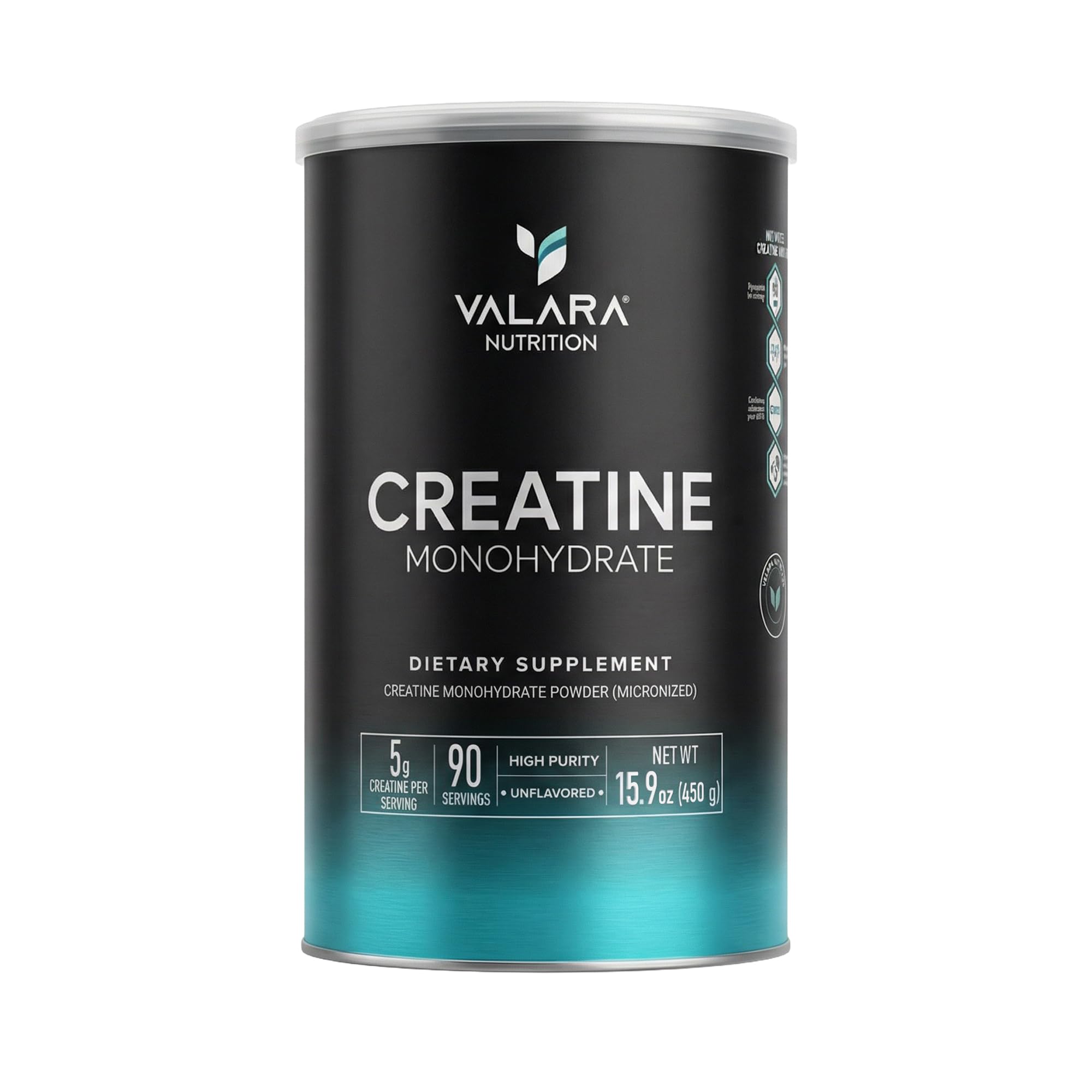Valara creatina monohidratada micronizada en bote para mejor absorción.