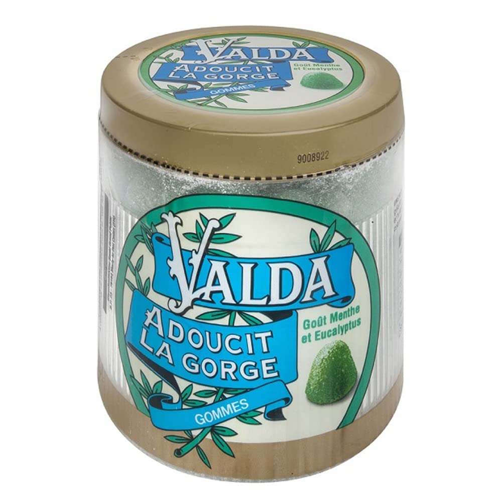 Valda gomas menta eucalipto, primer plano, alivio rápido de irritación de garganta.