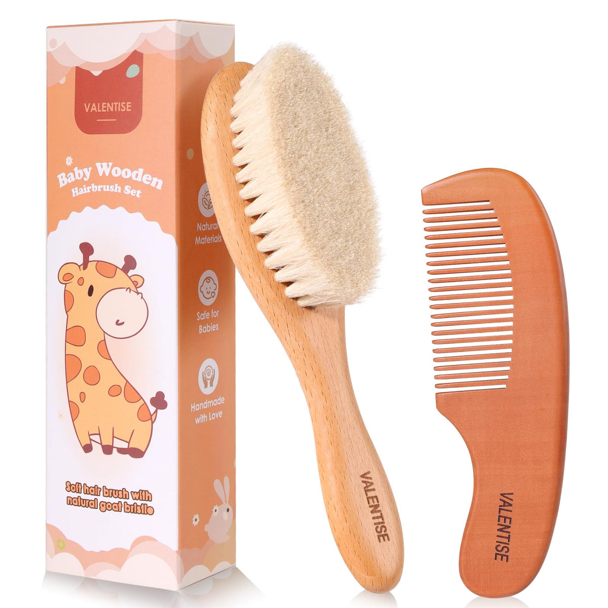 VALENTISE cepillo para bebé de madera con pelo de cabra suave