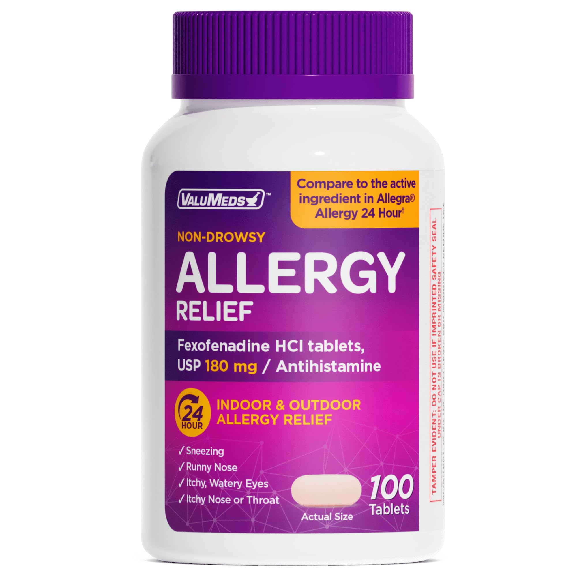 ValuMeds Alergia Tableta 180 mg para alivio prolongado de estornudos y ojos irritados.