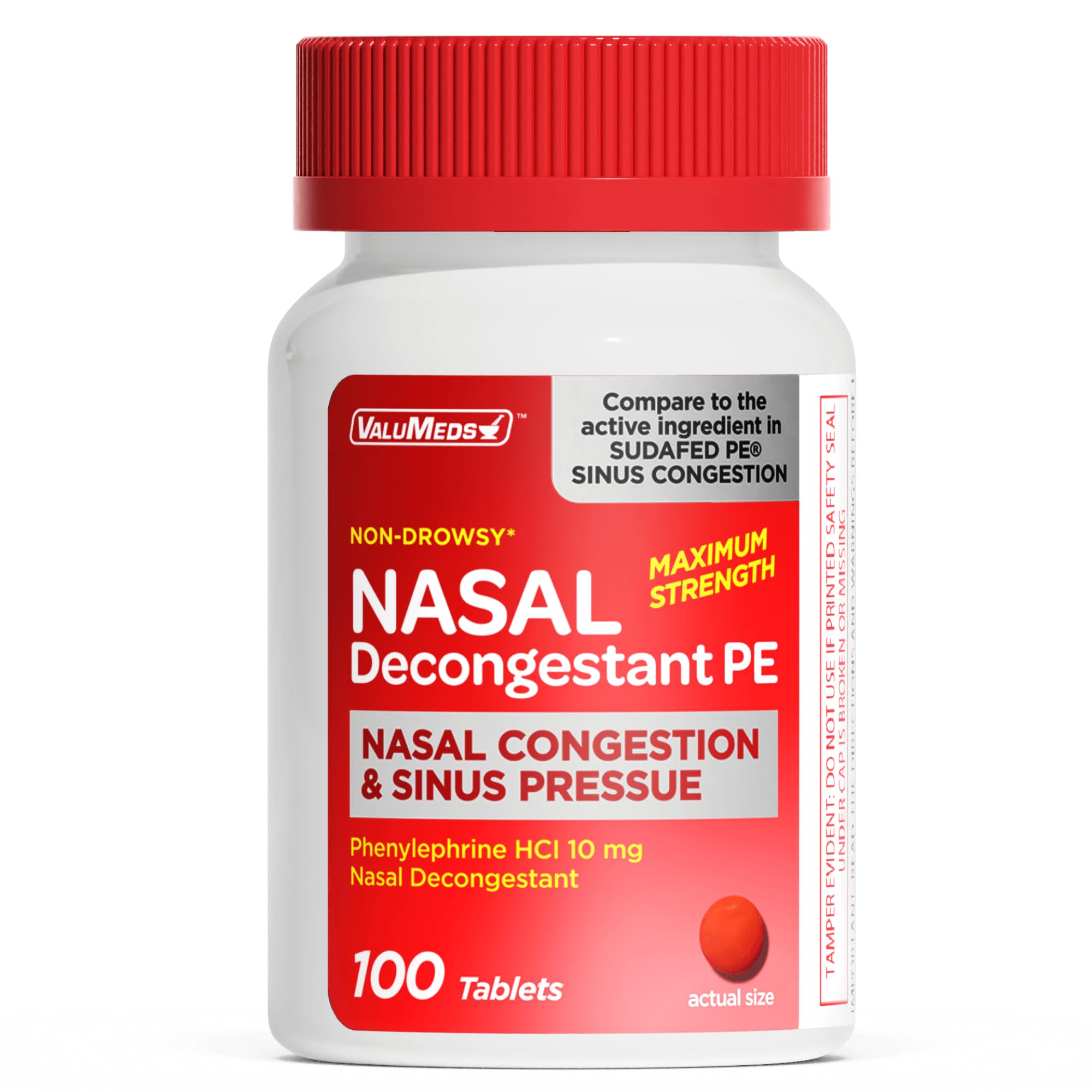 ValuMeds Descongestión nasal: botella de 100 tabletas para alivio diurno.
