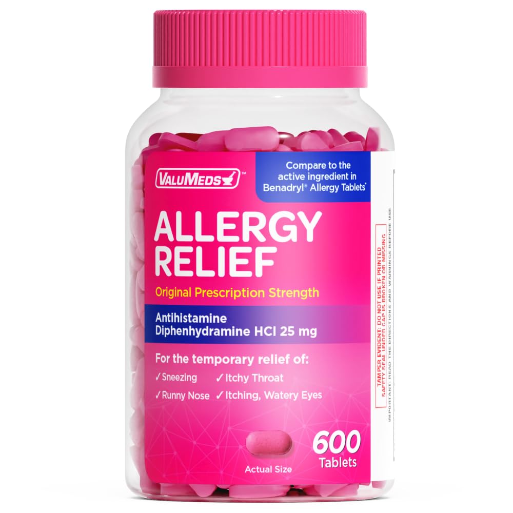ValuMeds difenhidramina 25 mg frasco, alivio rápido de la alergia.