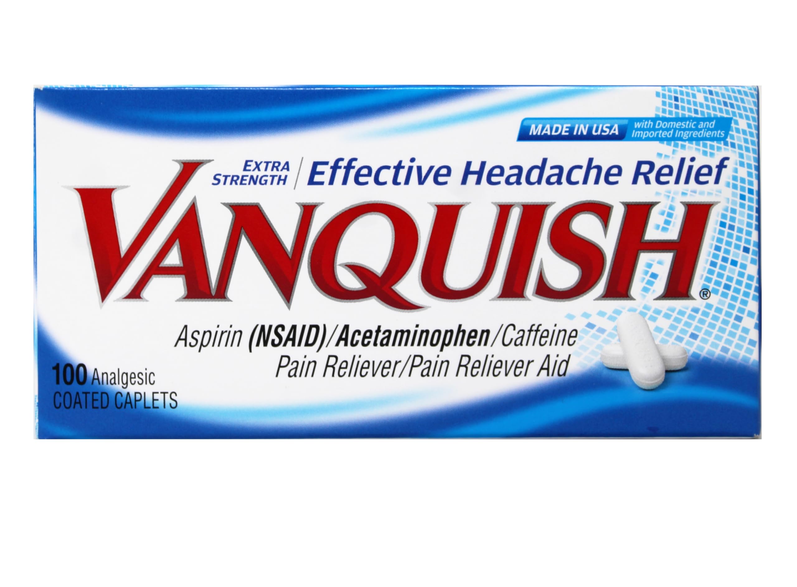Vanquish caplets acción triple para alivio de dolor y mayor atención.