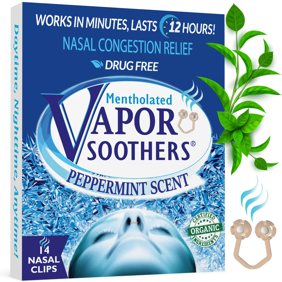 Vapor Soothers en empaque, dilatadores nasales mentolados para alivio natural.