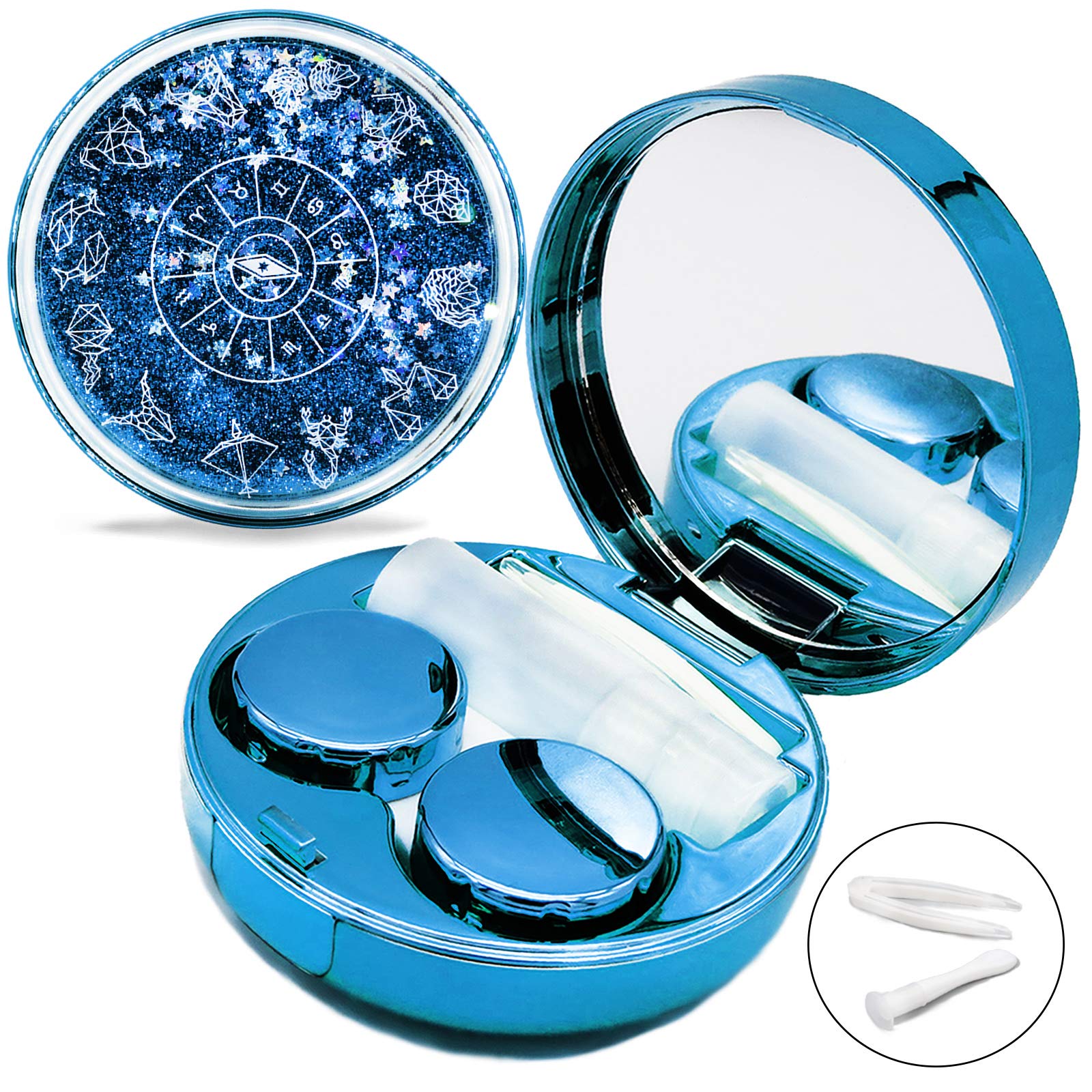 Vastsoon estuche lentes contacto glitter azul con espejo, ideal para uso diario.