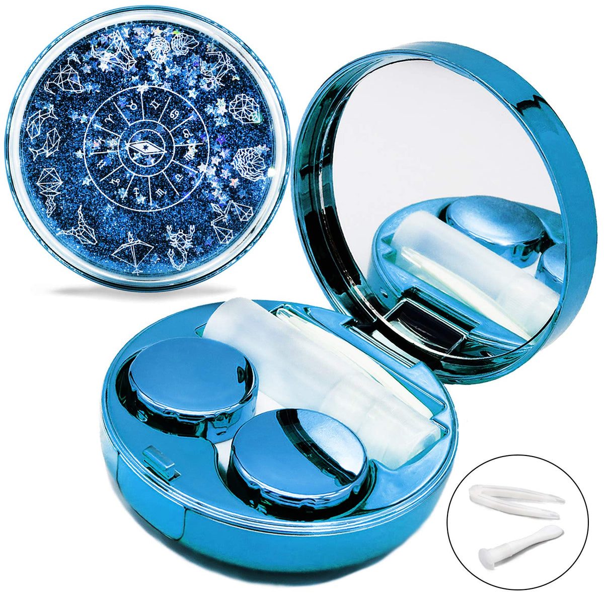 Vastsoon estuche lentes contacto glitter azul con espejo, ideal para uso diario.