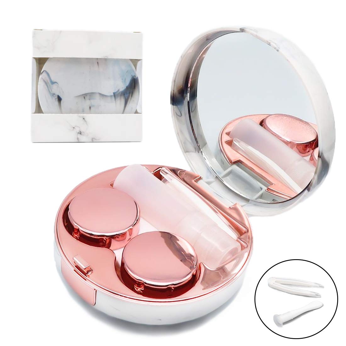 Vastsoon estuche lentes de contacto marmol dorado rosa, diseño práctico para viajar.