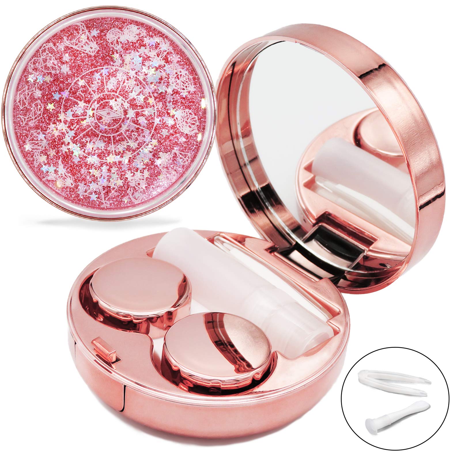 Estuche Vastsoon rosa-oro con espejo para aplicar lentes con precisión.