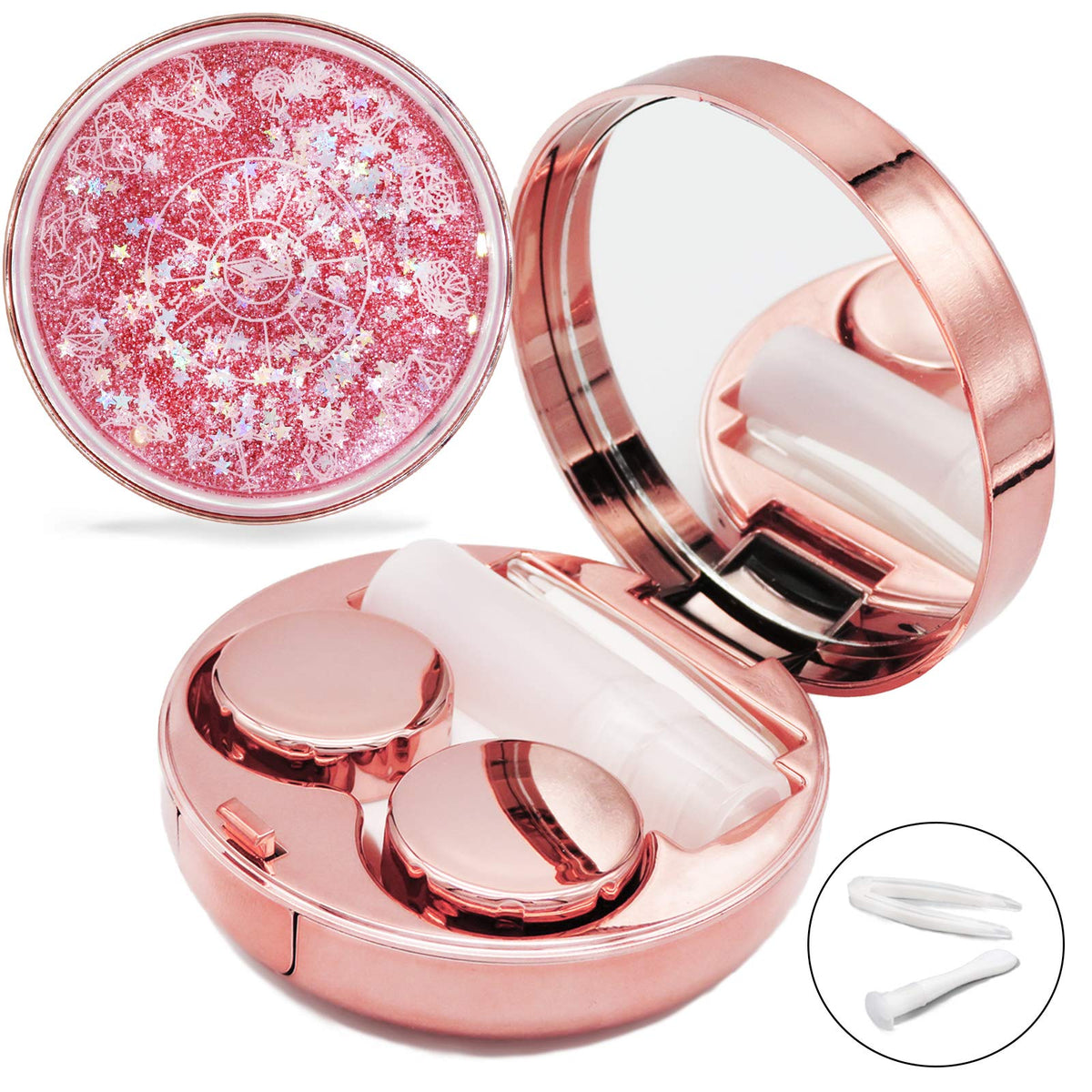 Estuche Vastsoon rosa-oro con espejo para aplicar lentes con precisión.