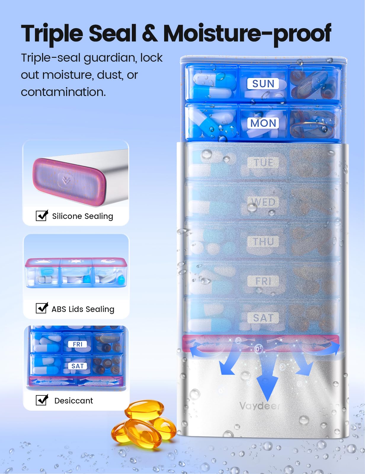 Vaydeer desecante integrado mantiene las pastillas secas y frescas.