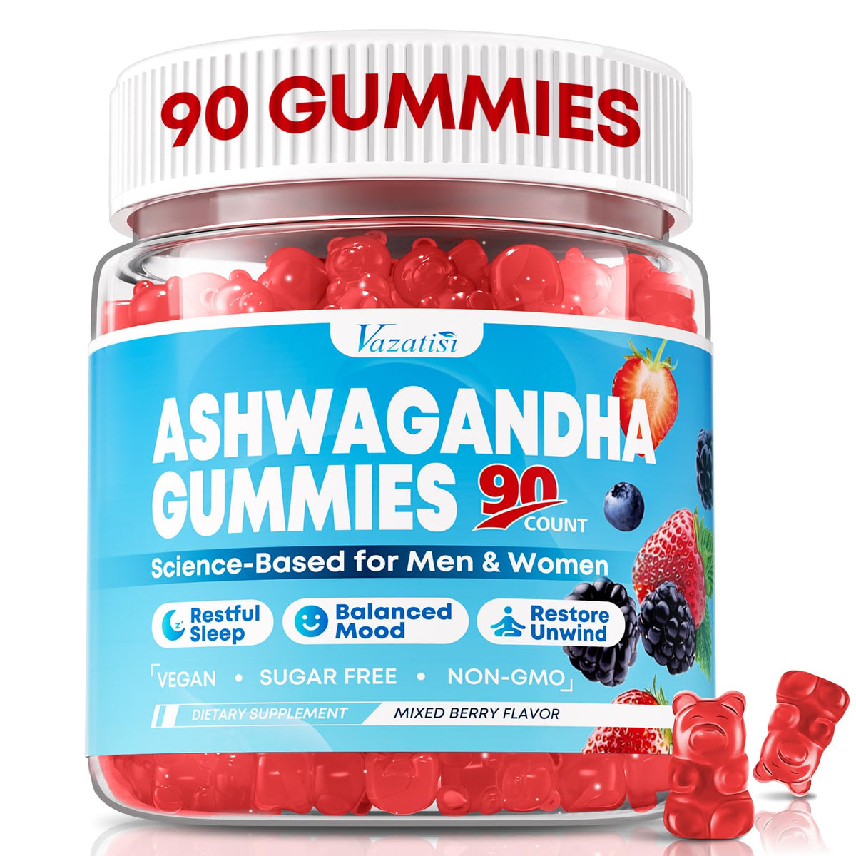 Gomitas Vazatisi de Ashwagandha en frasco para uso diario, práctico para casa.