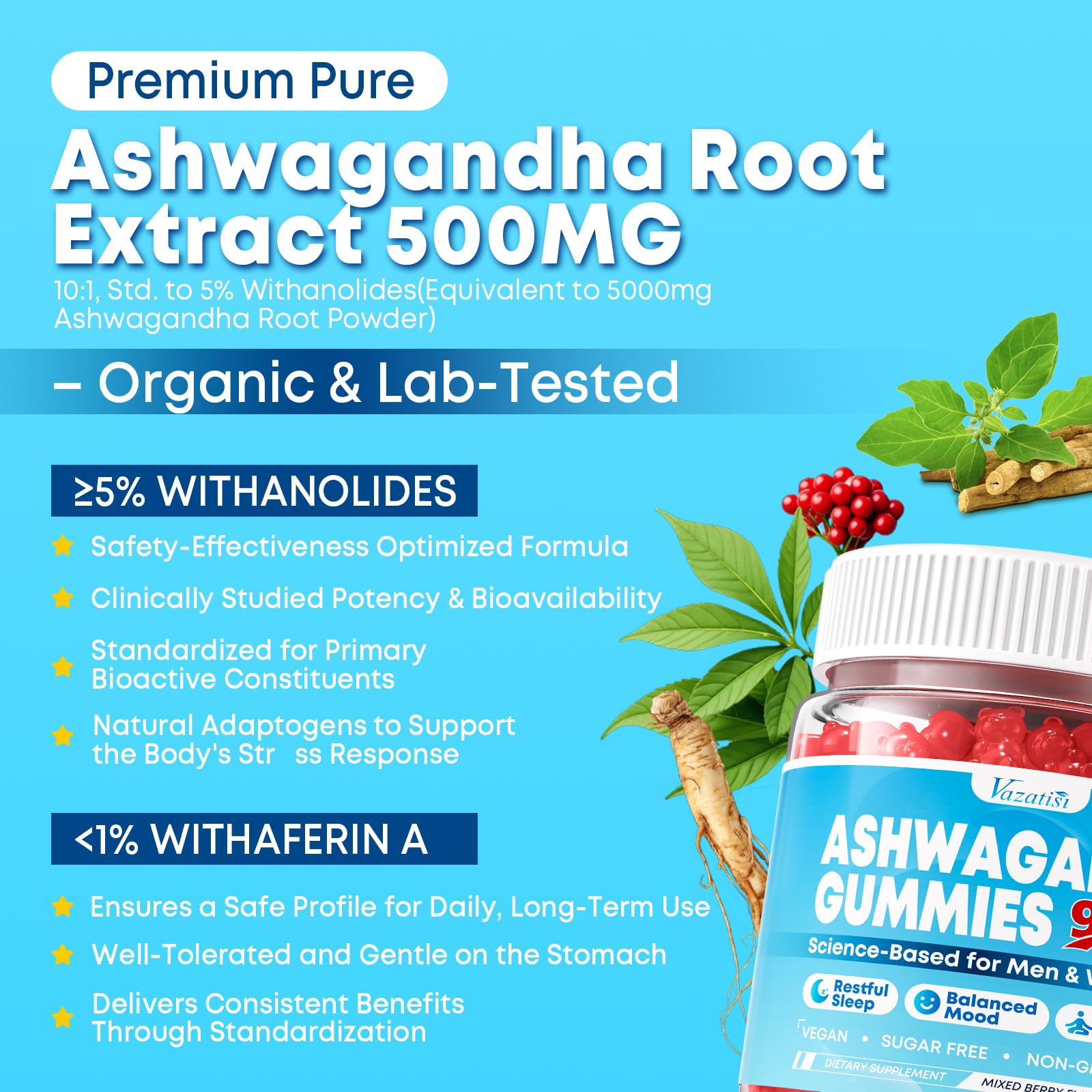 Vazatisi Ashwagandha Gummies: contiene magnesio y zinc para apoyo diario.