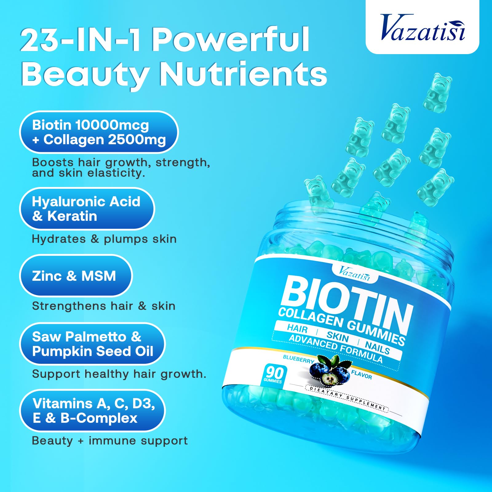Ingredientes clave de Vazatisi Biotina Gomitas para cabello y piel.