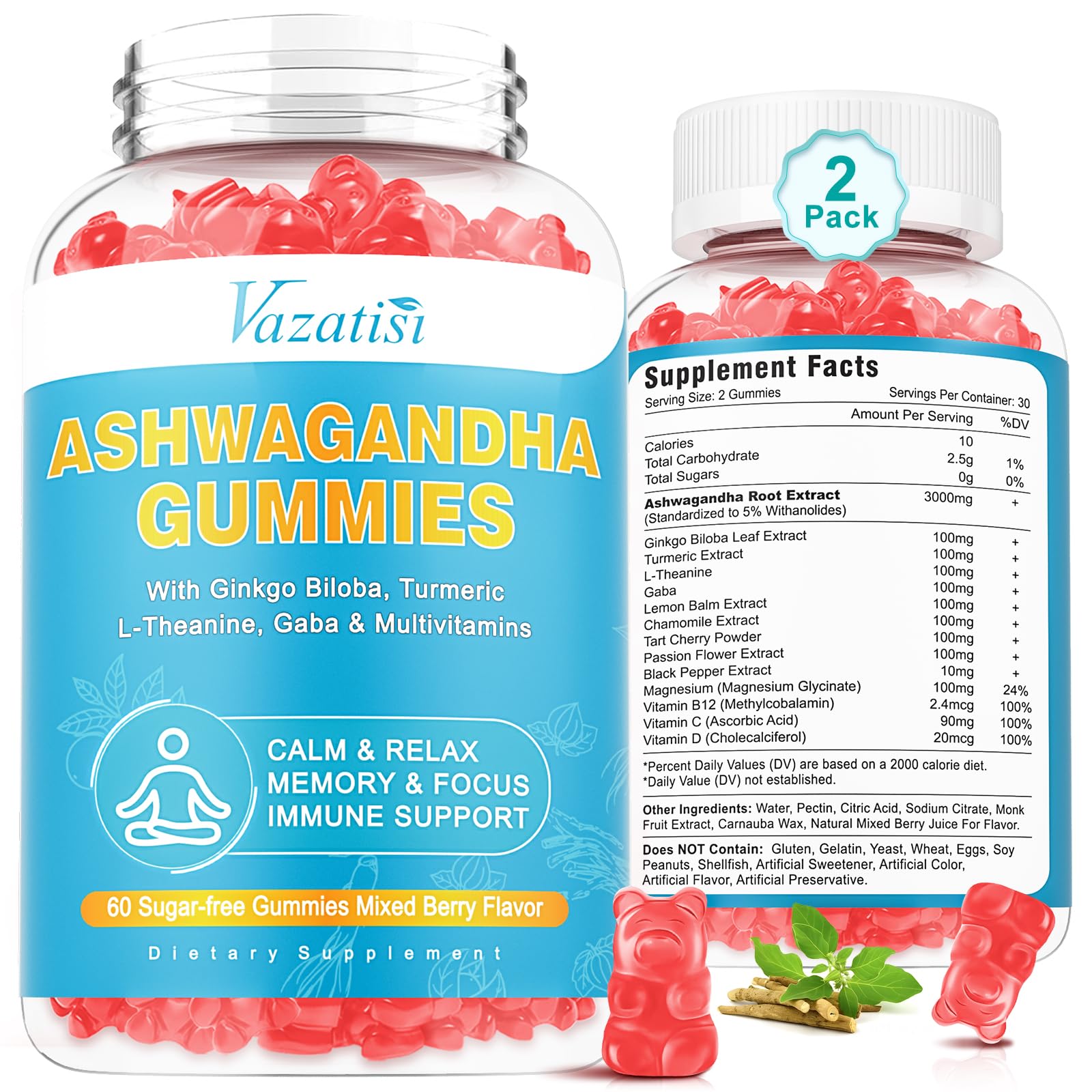 Gomitas Vazatisi de ashwagandha con curcuma en botella; apoyo diario de bienestar.