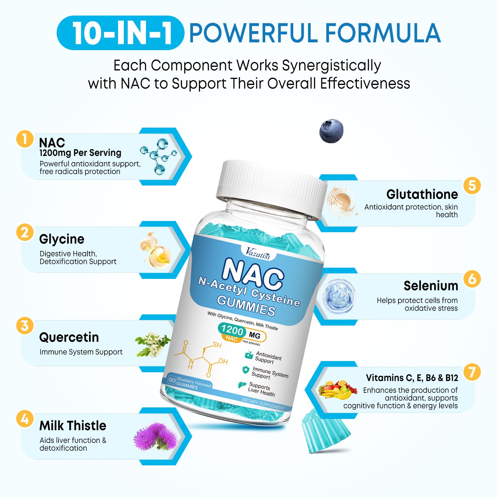 Etiqueta frontal de Vazatisi NAC Gummies con beneficios antioxidantes.