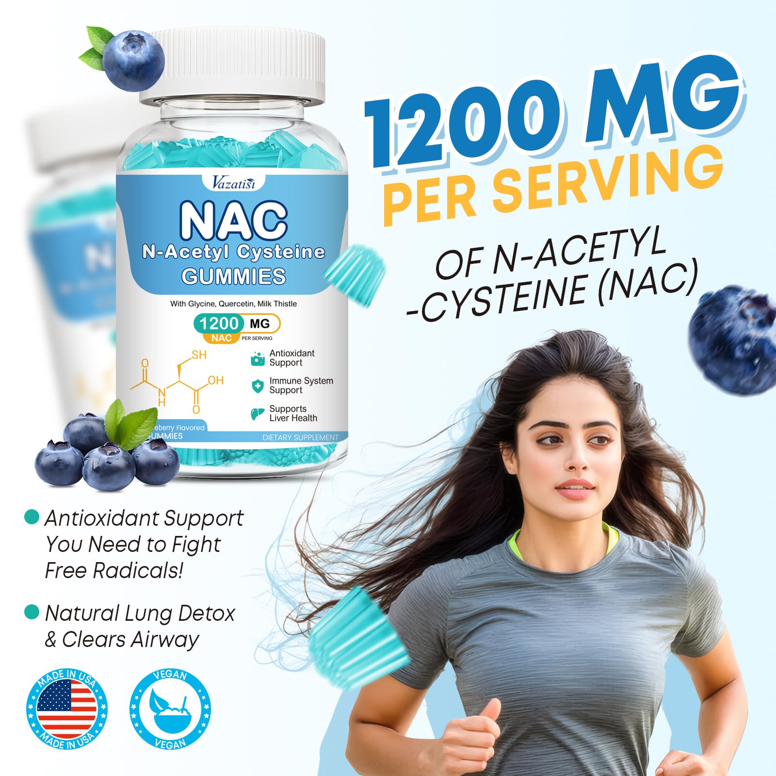 Frasco de Vazatisi NAC Gummies con dispensador para dosis fácil.