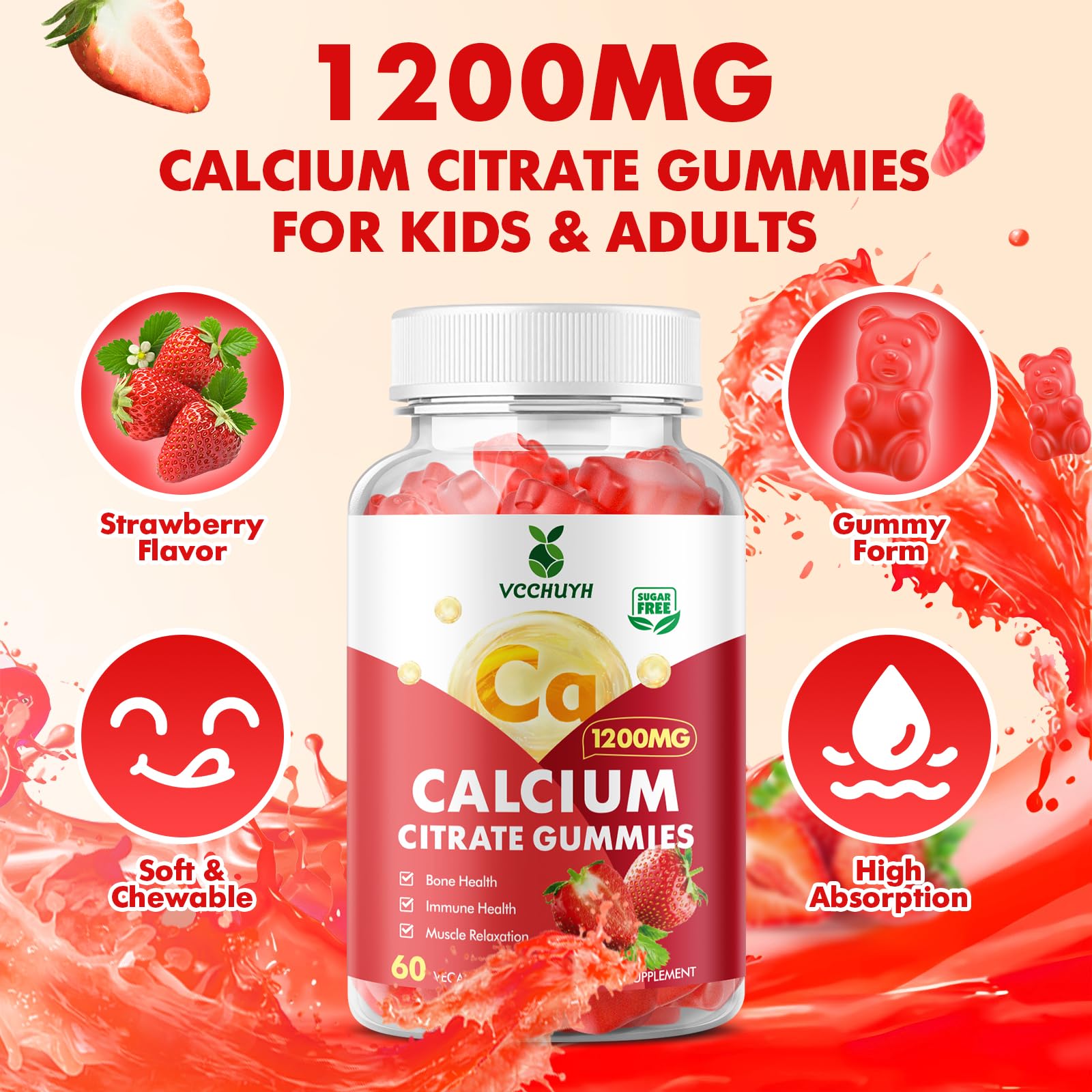 Gomitas VCCHUYH calcio citrate 1200 mg, sin azúcar, snack ligero
