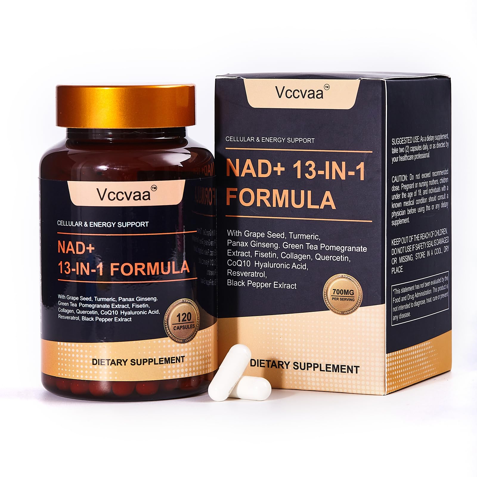 Vccvaa NAD con Resveratrol, cápsulas, apoyo diario a la energía y funciones celulares.