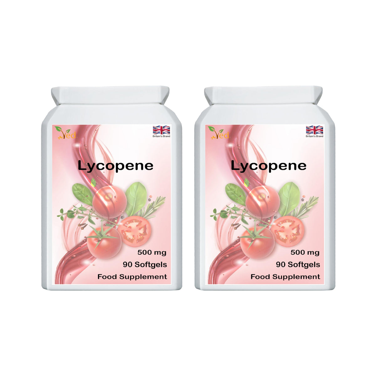 Ved Lycopene 500 mg: botella de softgels para uso diario.