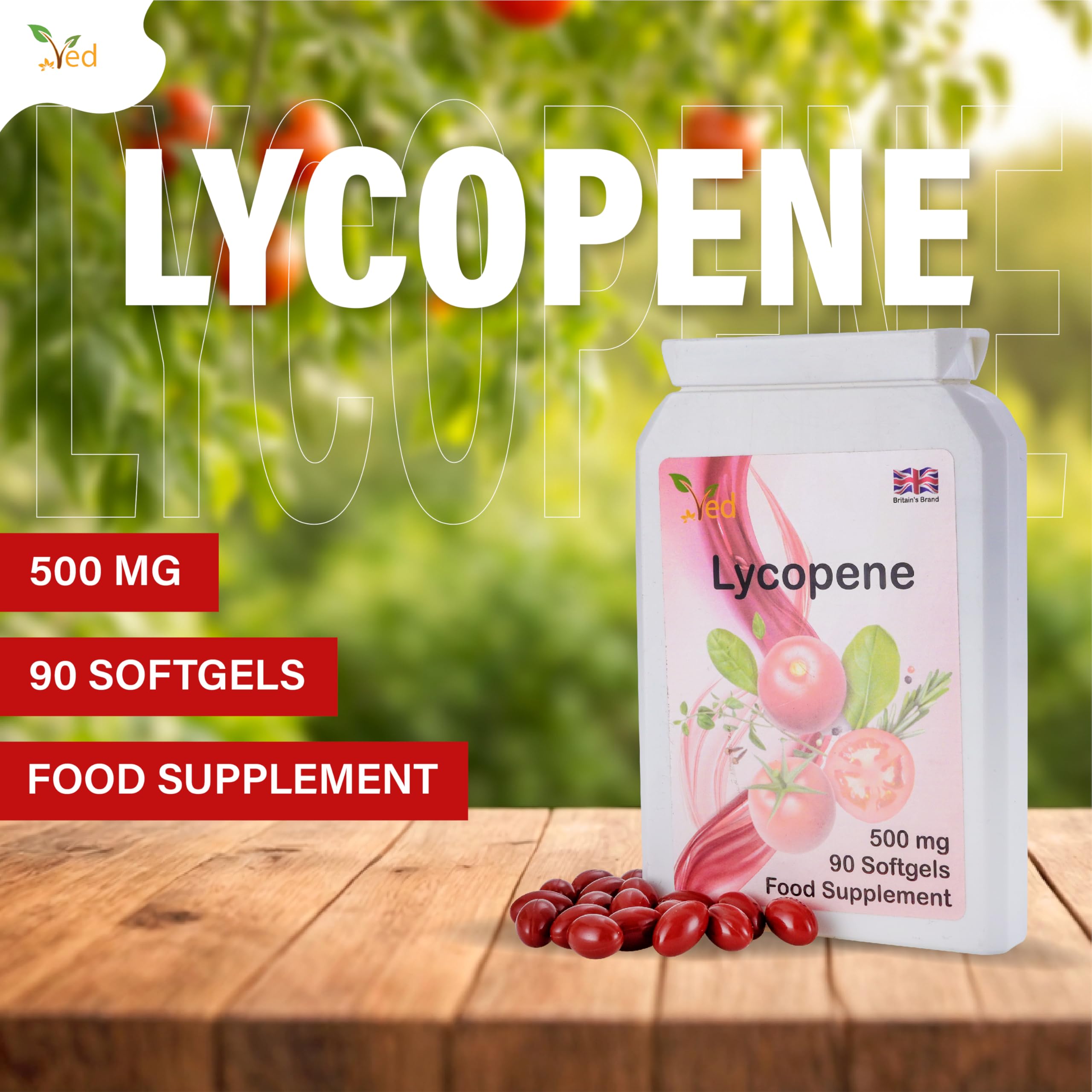Ved Lycopene 500 mg: etiqueta frontal destacando su fórmula sin alérgenos.