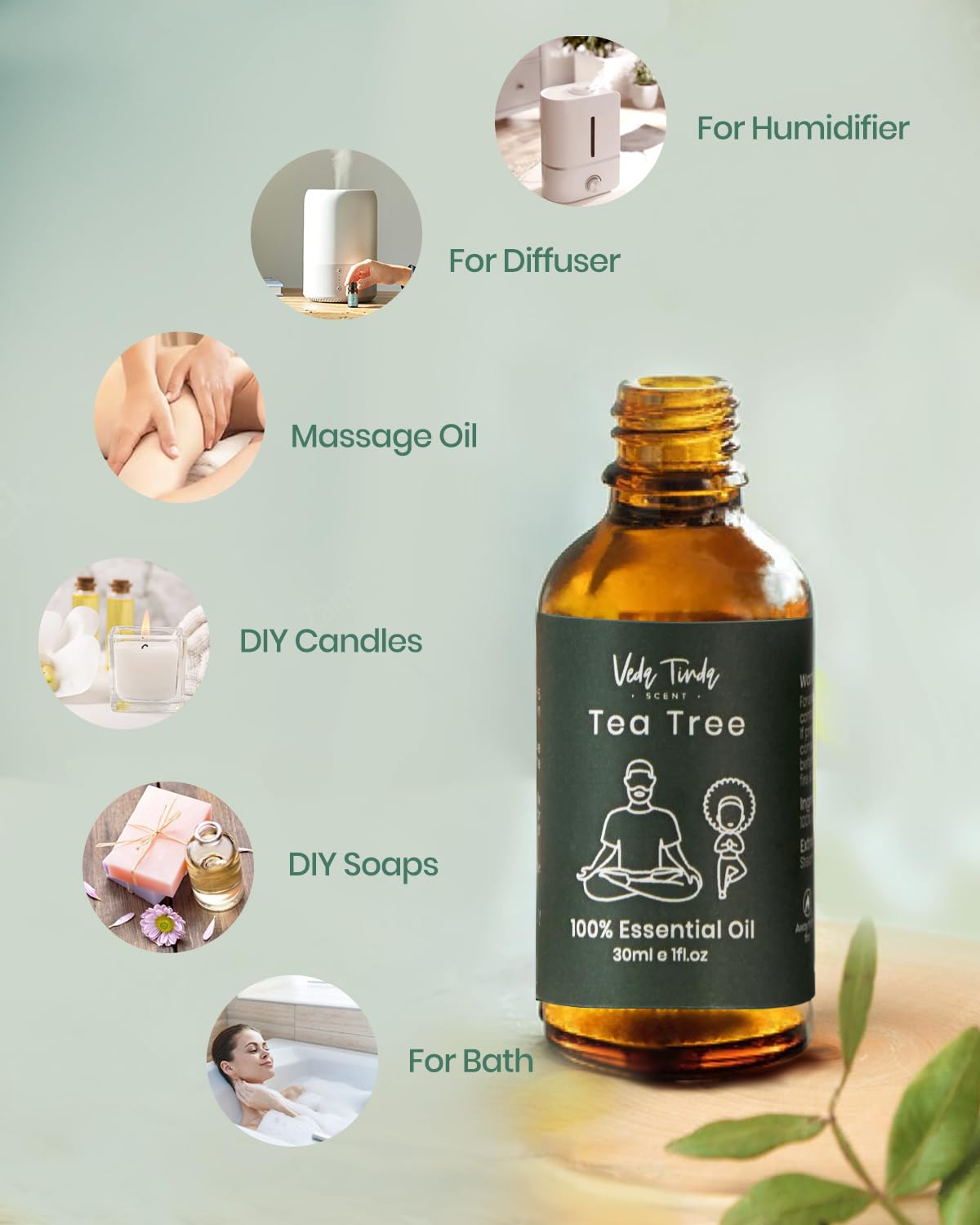 Veda Tinda Scent Aceite de árbol de té cerca de un difusor para aromaterapia.