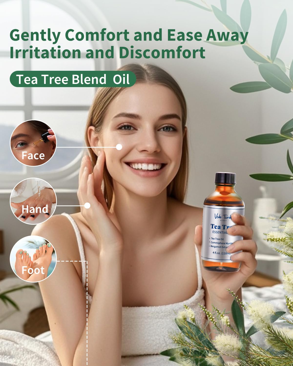 Ved a TINDA SCENT Tea Tree Oil junto a un difusor para aromaterapia.