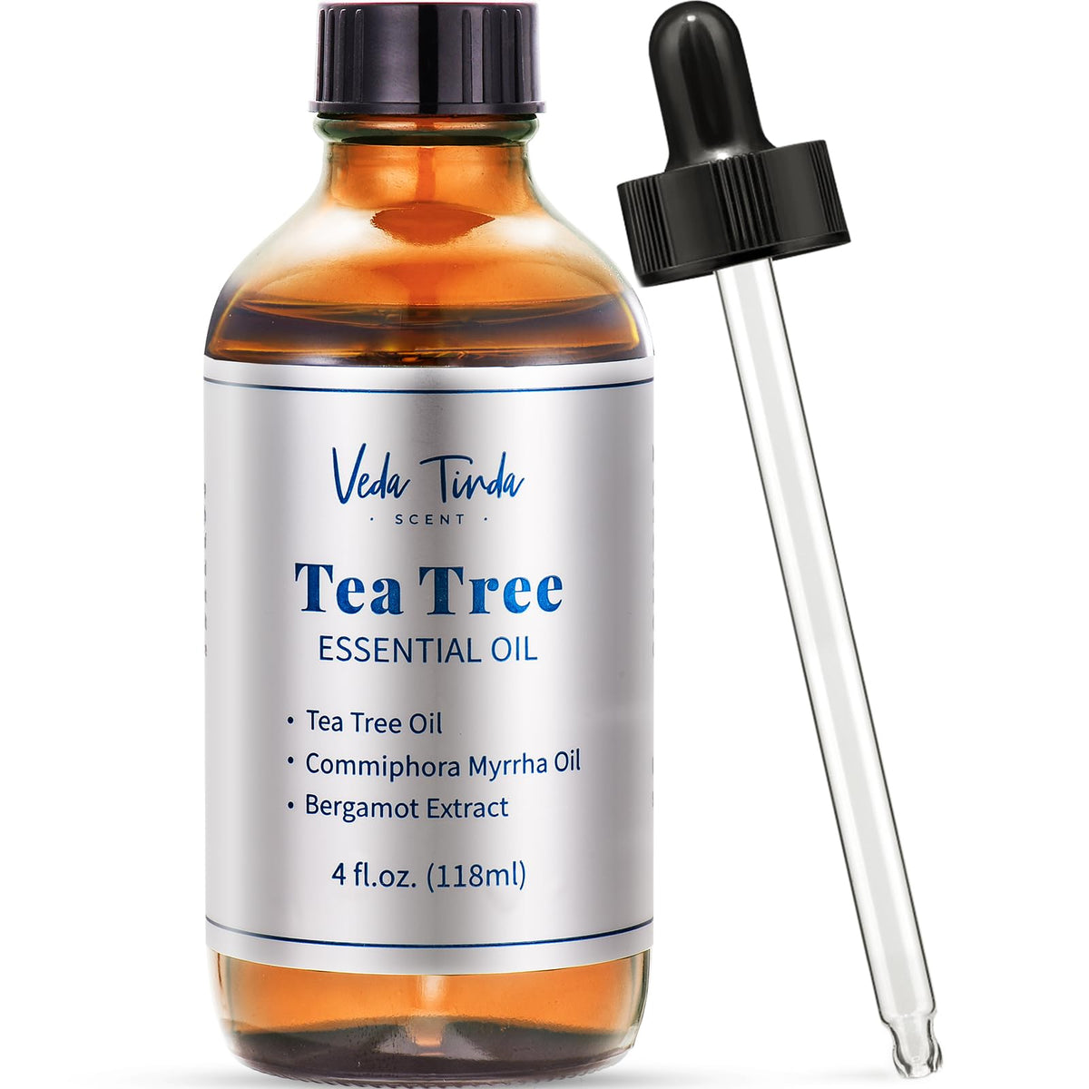 VEDA TINDA SCENT Tea Tree Oil con gotero de vidrio para dosificación precisa y aromaterapia.
