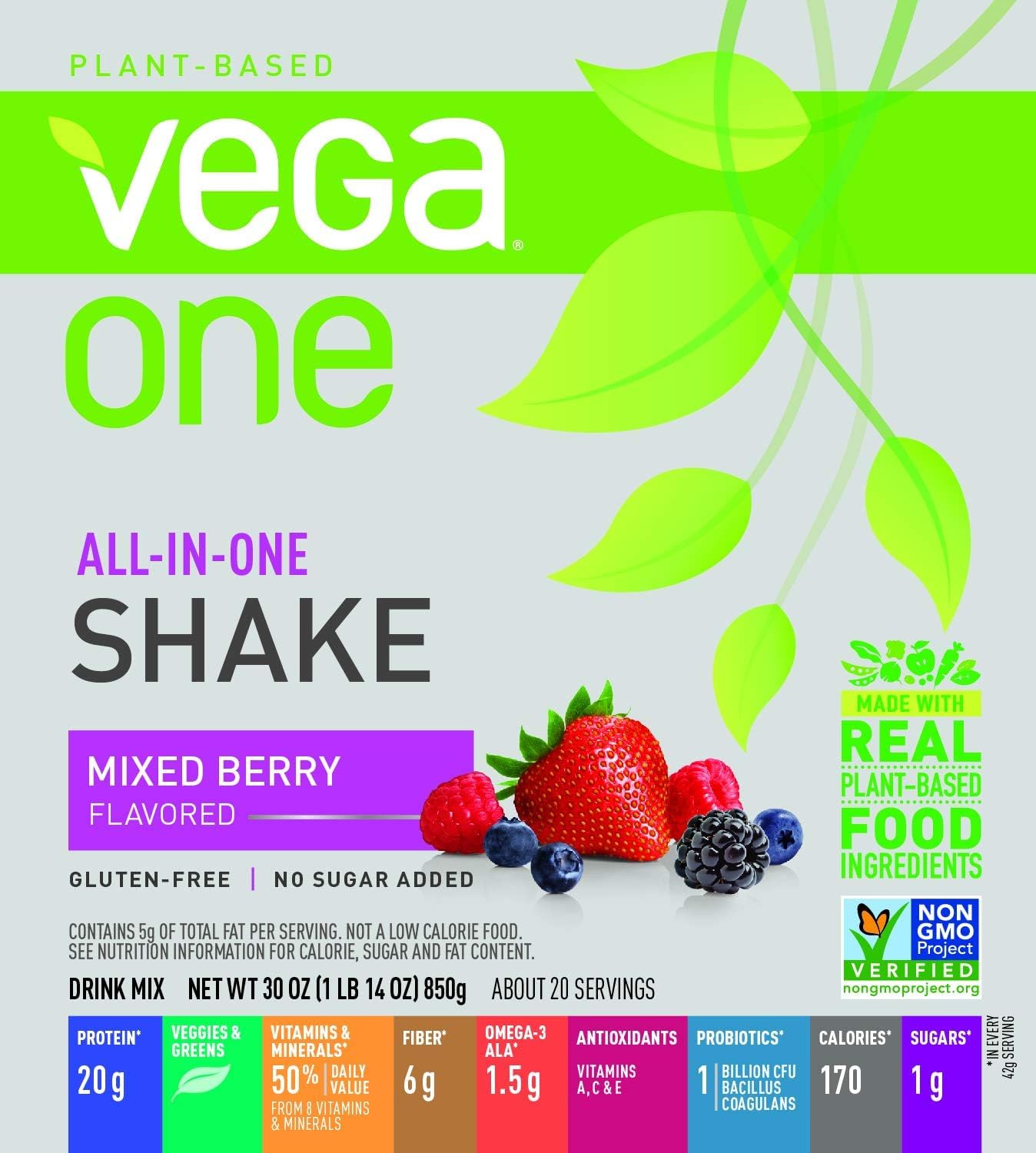 Vega One envase abierto: polvo suave listo para mezclar.