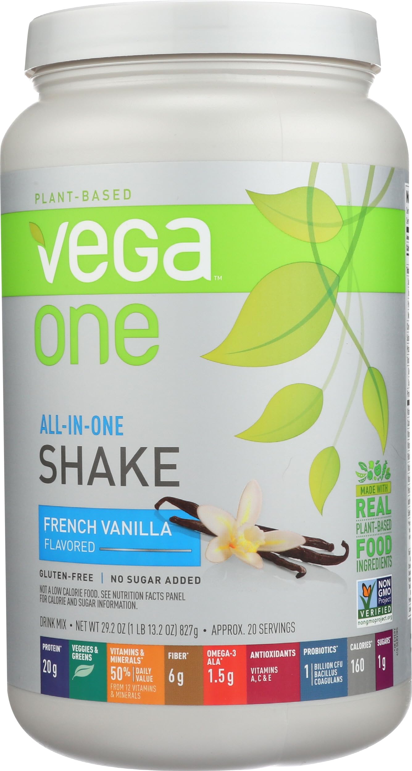 Vega-One vainilla francesa en bote, proteína vegetal completa para una comida rápida.