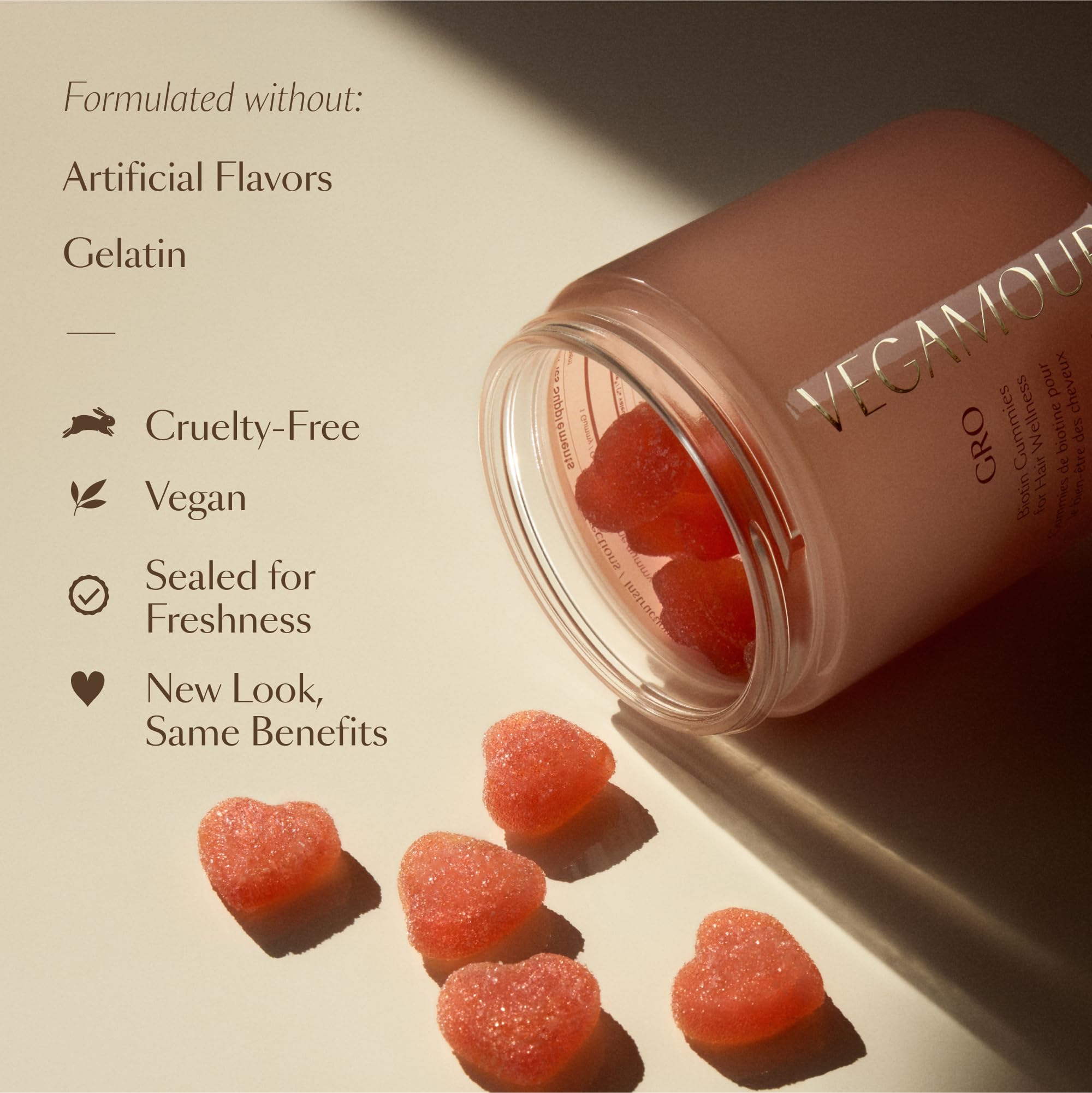 VEGAMOUR GRO gomitas biotina sabor fresa: textura brillante de las gomitas.