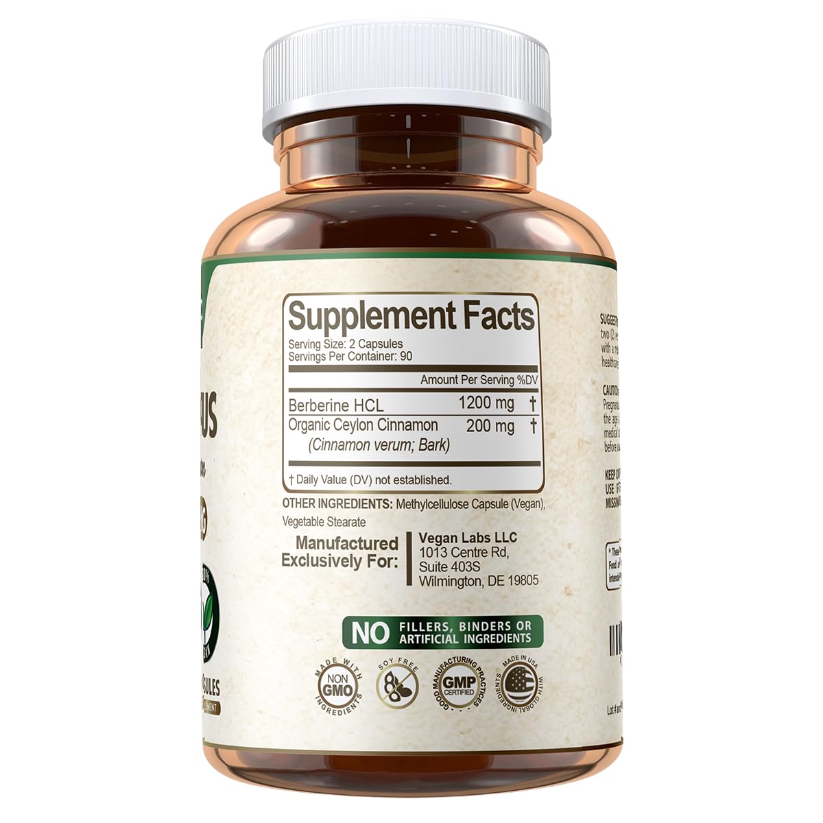 Vegan Labs Berberine HCL 1200mg: etiqueta que destaca canela orgánica.