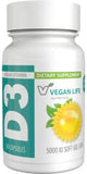 Vegan Life Nutrition D3 en cápsulas dentro de la botella, soporte óseo potencial.