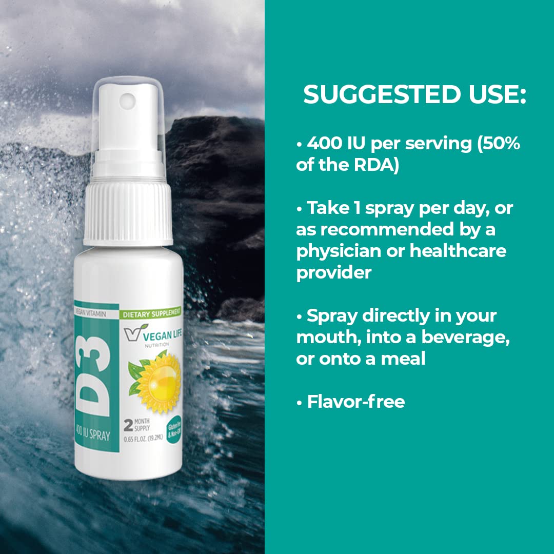 Vegan Life Nutrition Vitamina D3 spray en envase sin gluten y sin OGM.