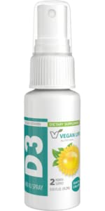 Vegan Life Nutrition Vitamina D3 spray naranja en frasco, apoya la absorción de calcio.
