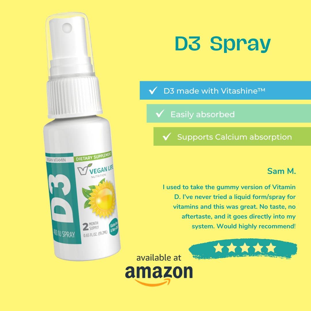 Vegan Life Nutrition Vitamina D3 spray para uso diario, delicioso sabor naranja.