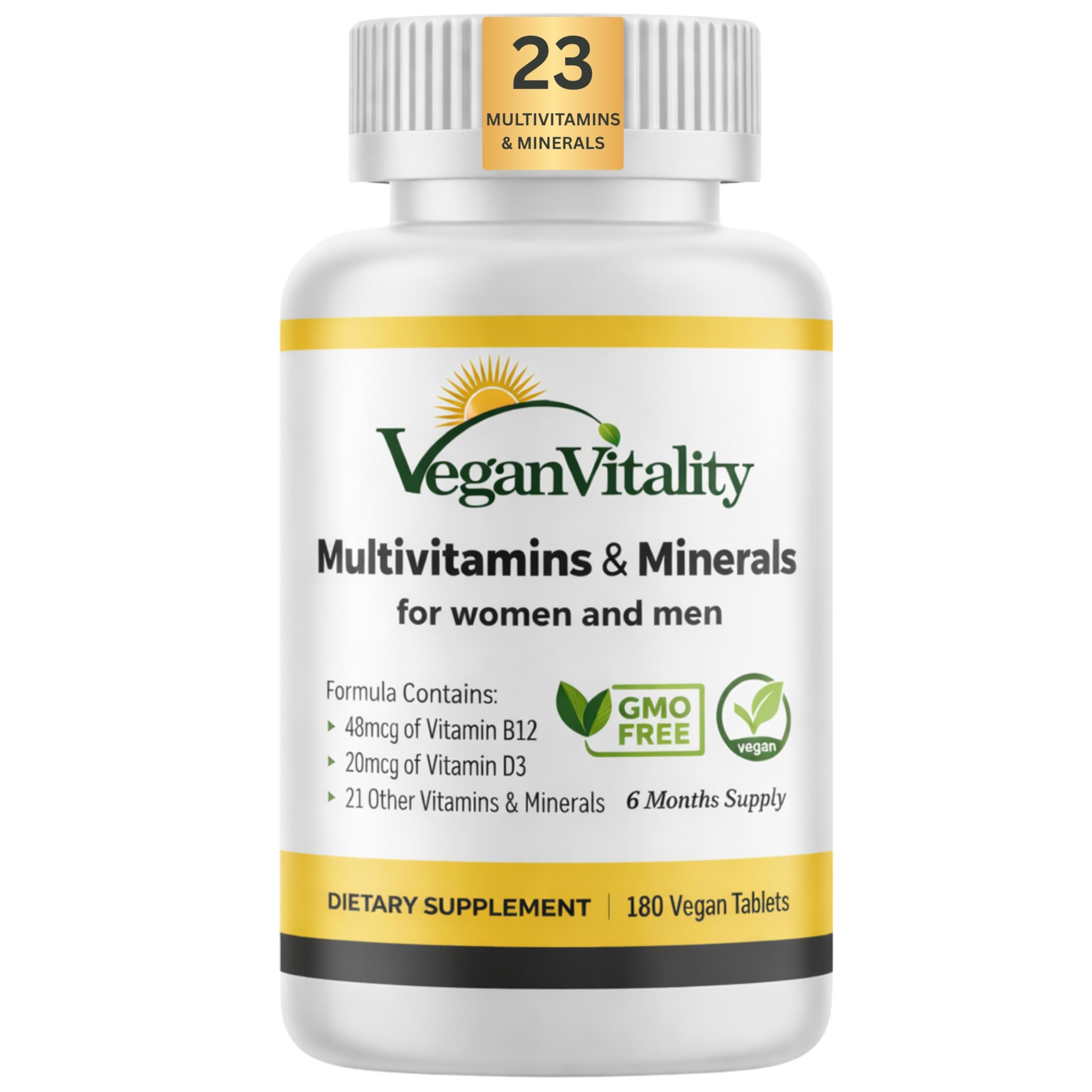 Vegan Vitality, botella de multivitaminas para nutrición diaria vegana.
