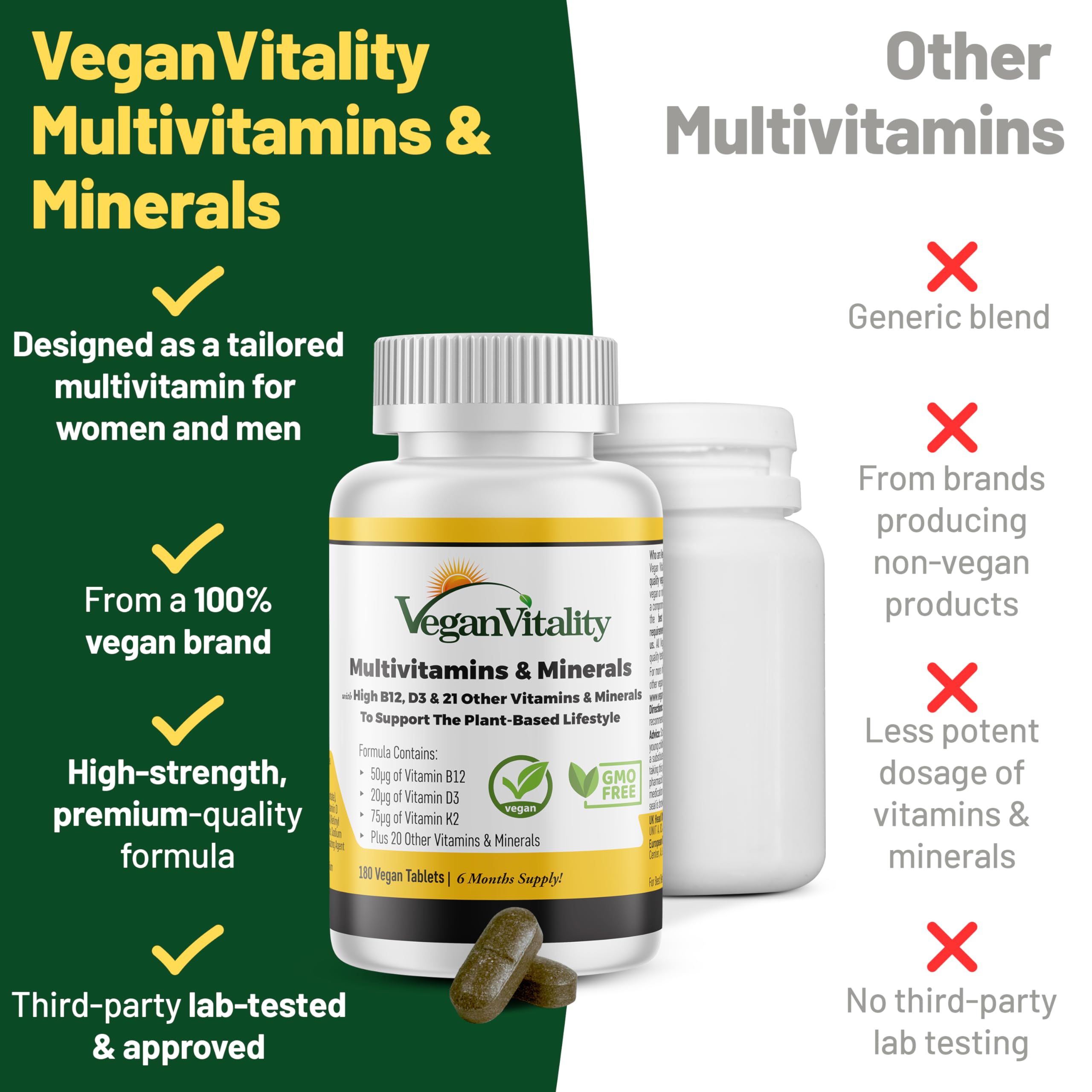 Vegan Vitality, comprimidos multivitamínicos como complemento diario.