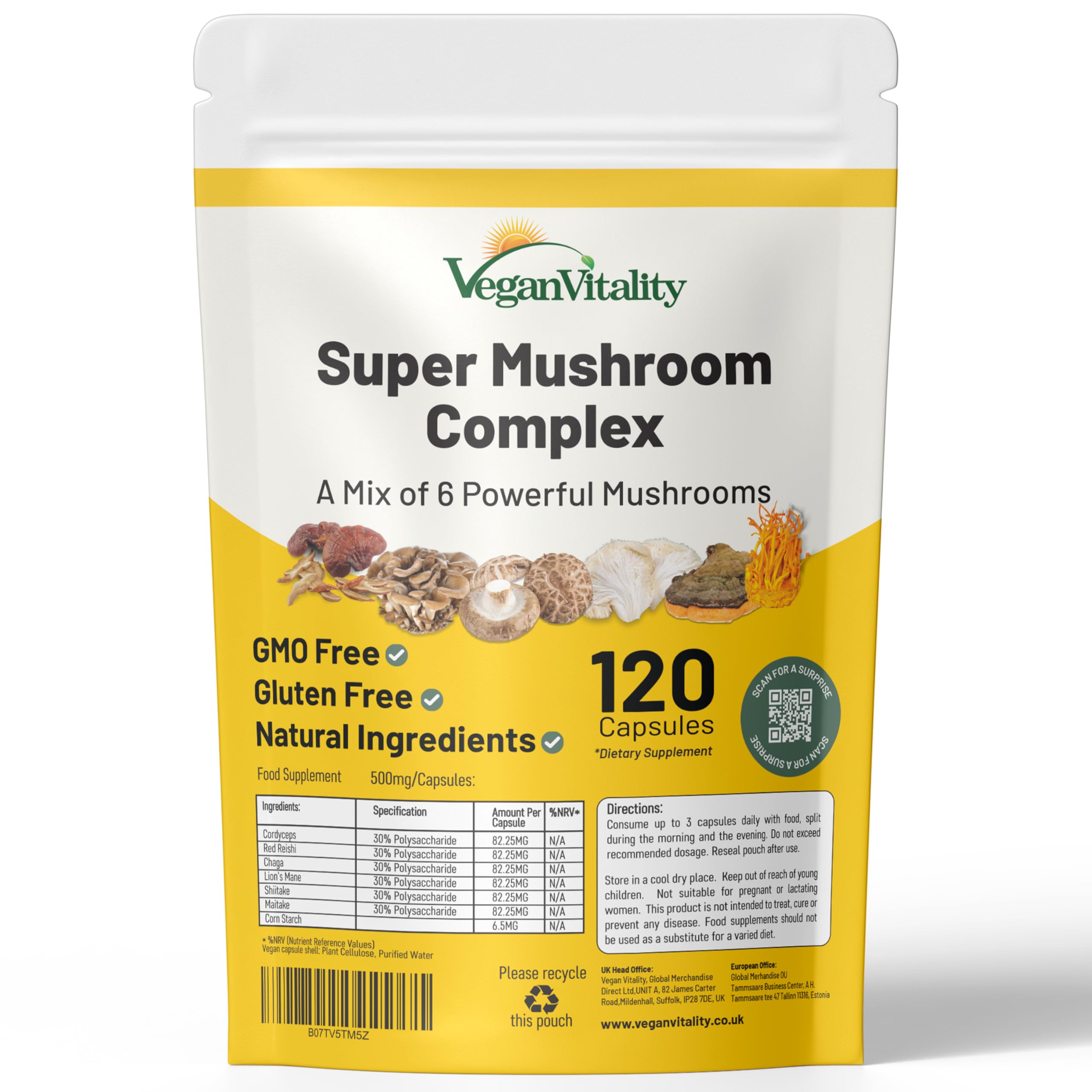 Vegan Vitality Multi Mushroom Bottle: cápsulas fáciles de tragar para energía diaria.